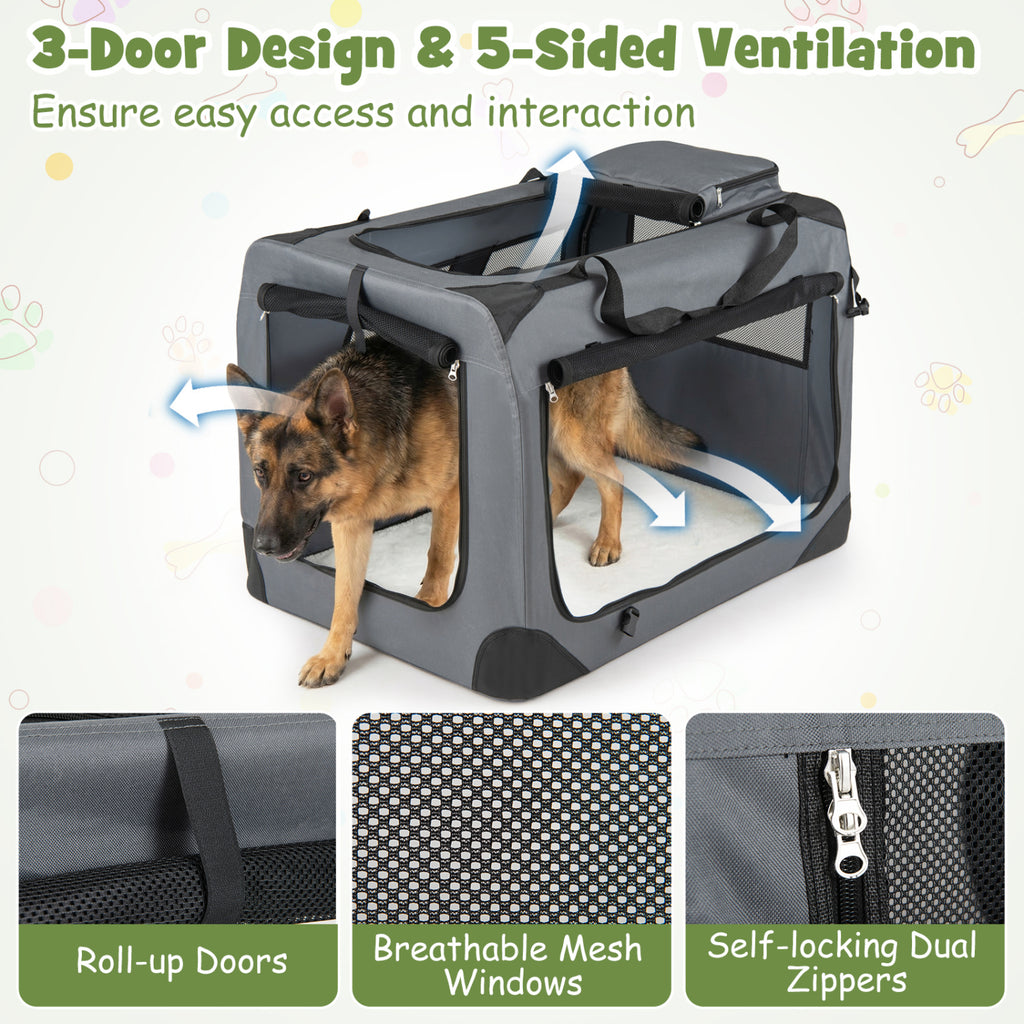 Collapsible Soft Dog Crate Travel Crate with Mesh Windows and 3 Doors-XL