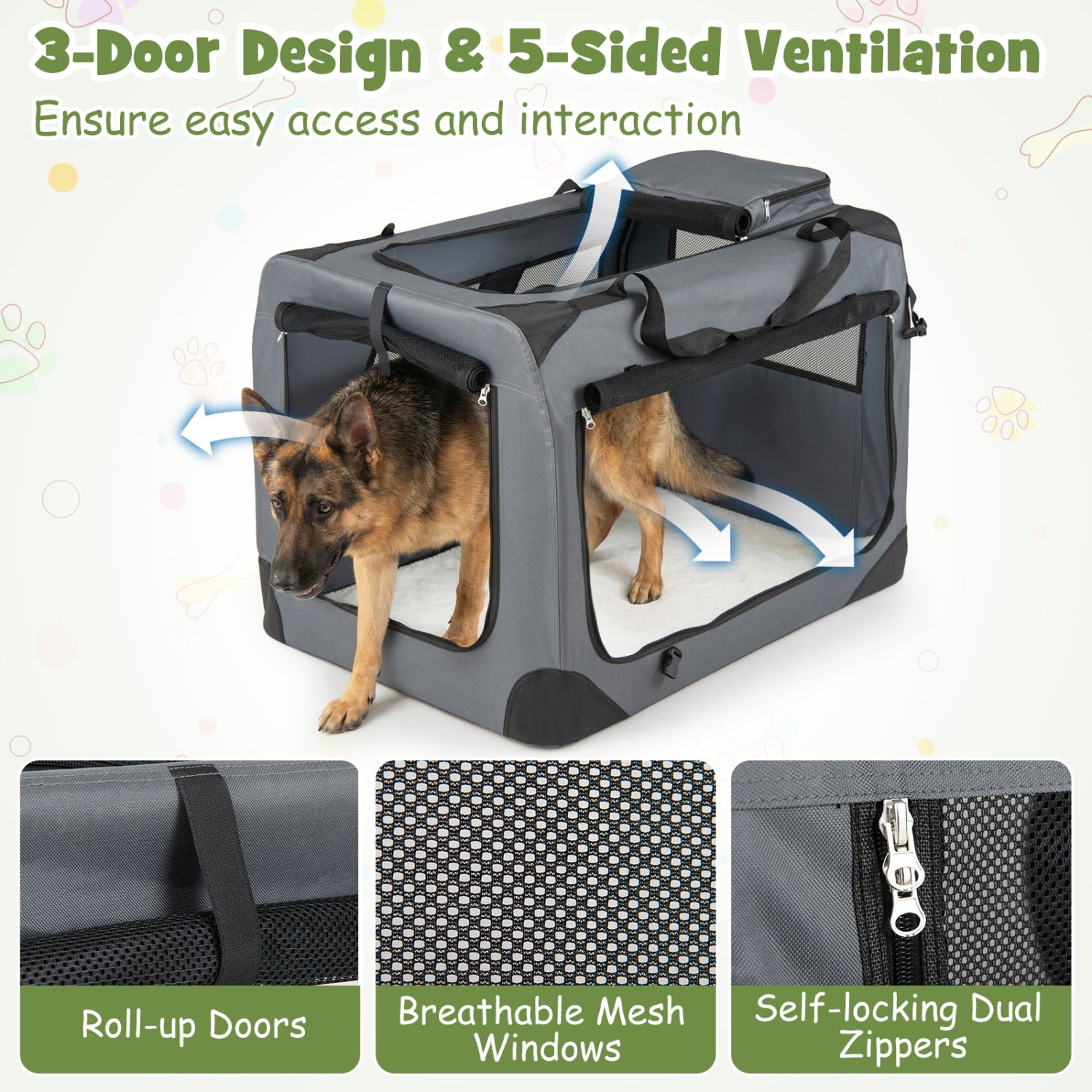Collapsible Soft Dog Crate Travel Crate with Mesh Windows and 3 Doors-XL