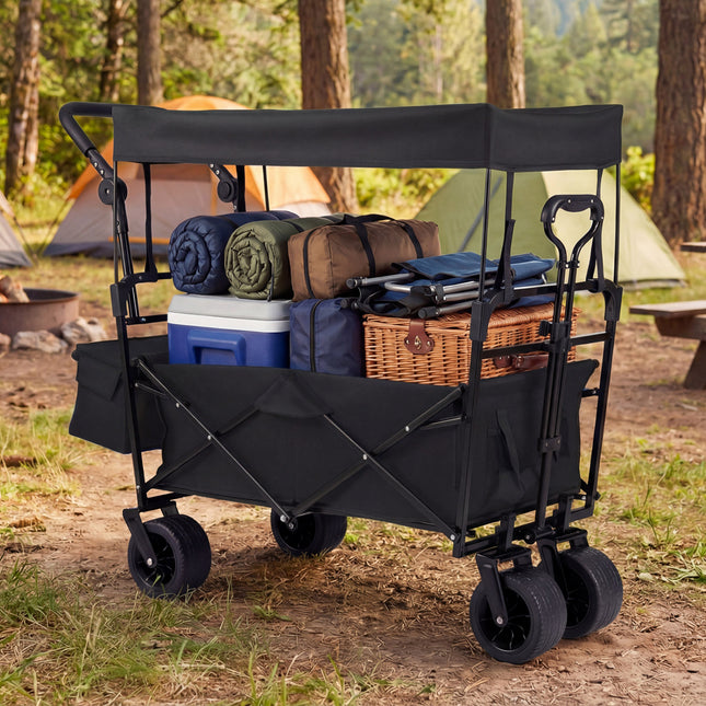 Collapsible Wagon with Removable Canopy and Adjustable Handles-Black