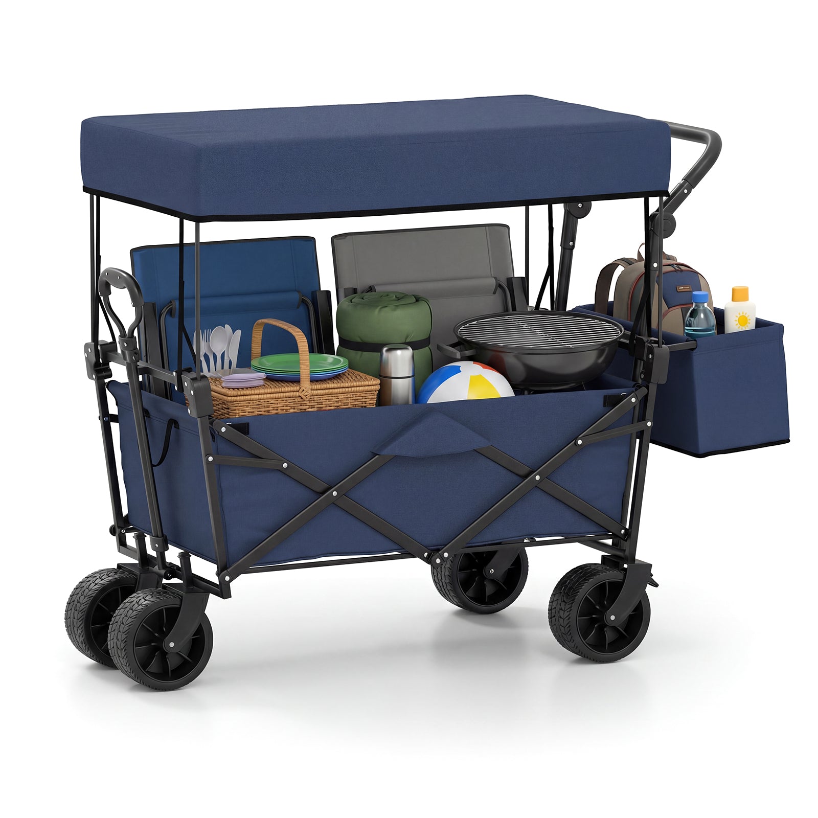 Chariot pliable avec auvent amovible et sac de rangement détachable – Bleu