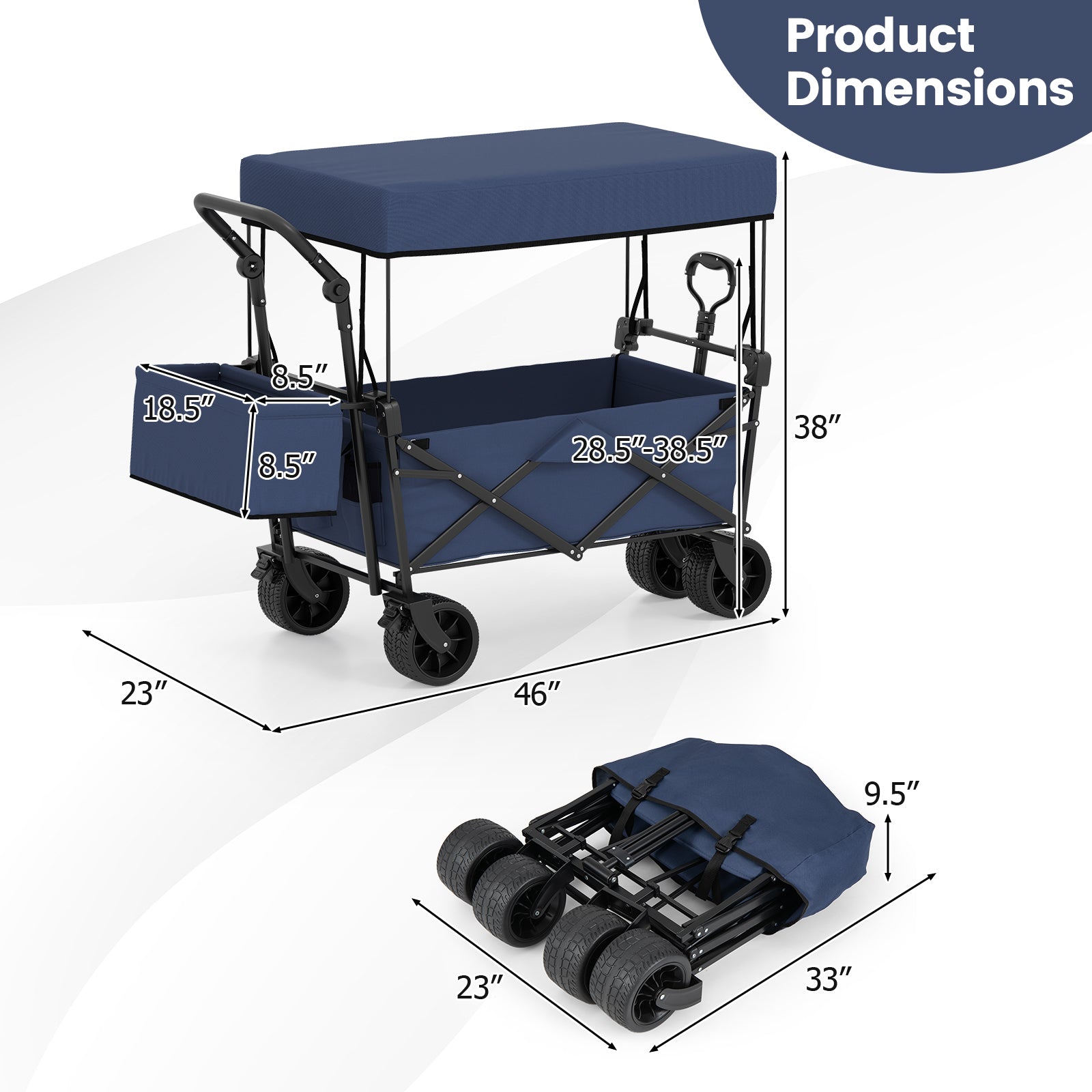 Chariot pliable avec auvent amovible et sac de rangement détachable – Bleu