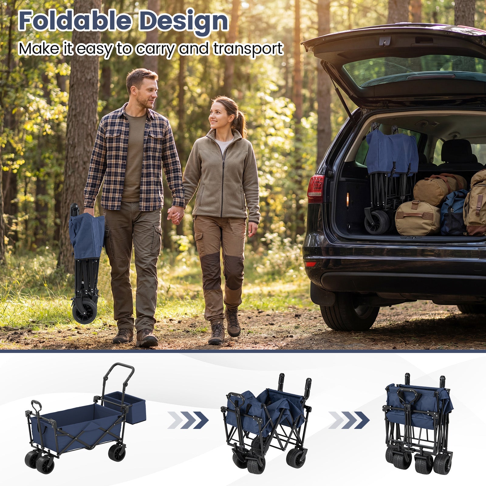 Chariot pliable avec auvent amovible et sac de rangement détachable – Bleu