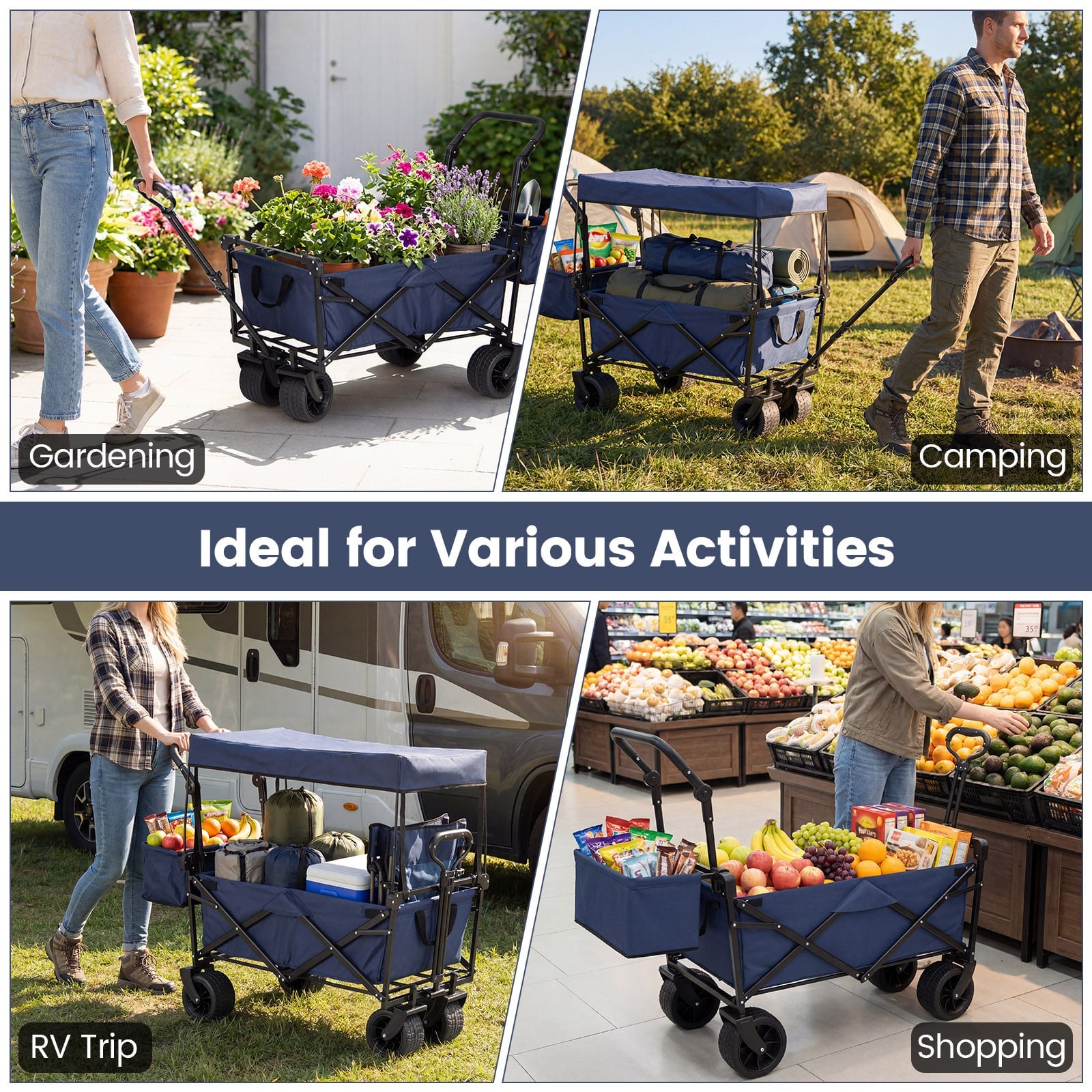 Chariot pliable avec auvent amovible et sac de rangement détachable – Bleu