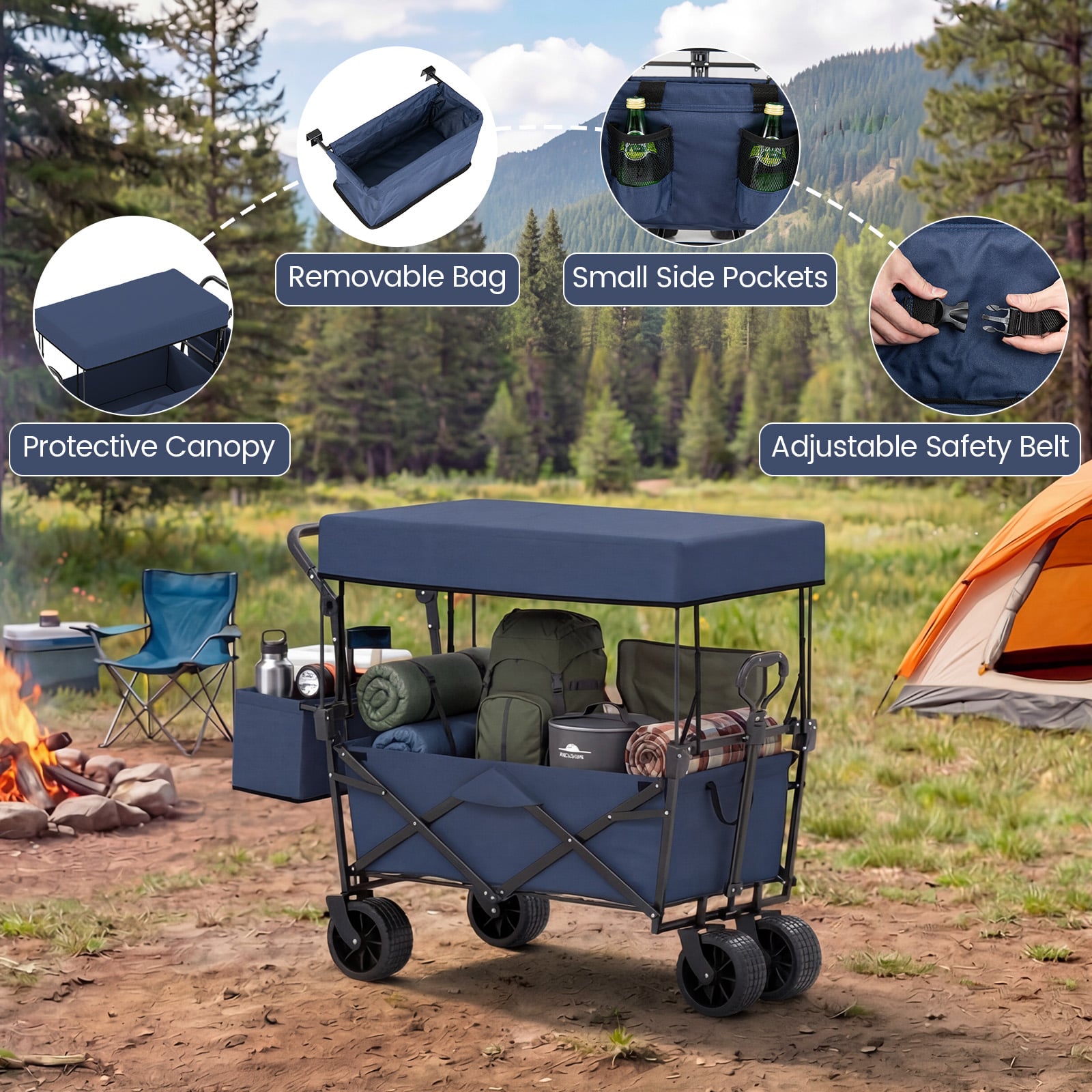 Chariot pliable avec auvent amovible et sac de rangement détachable – Bleu