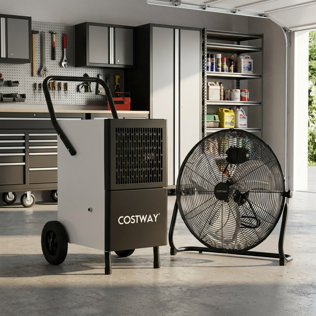 Commercial Dehumidifier and Heavy€‘Duty Metal Floor Fan Combo