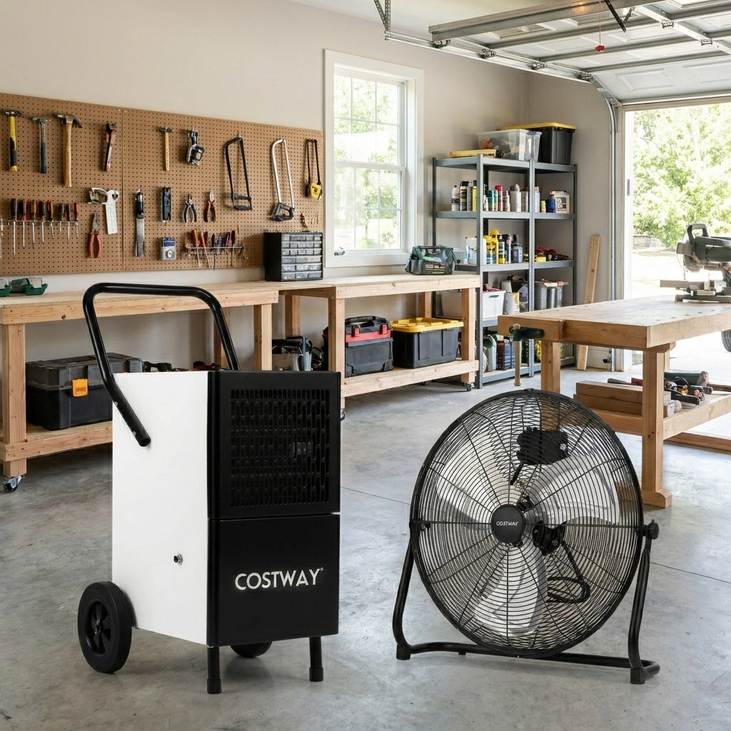 Commercial Dehumidifier and Heavy€‘Duty Metal Floor Fan Combo