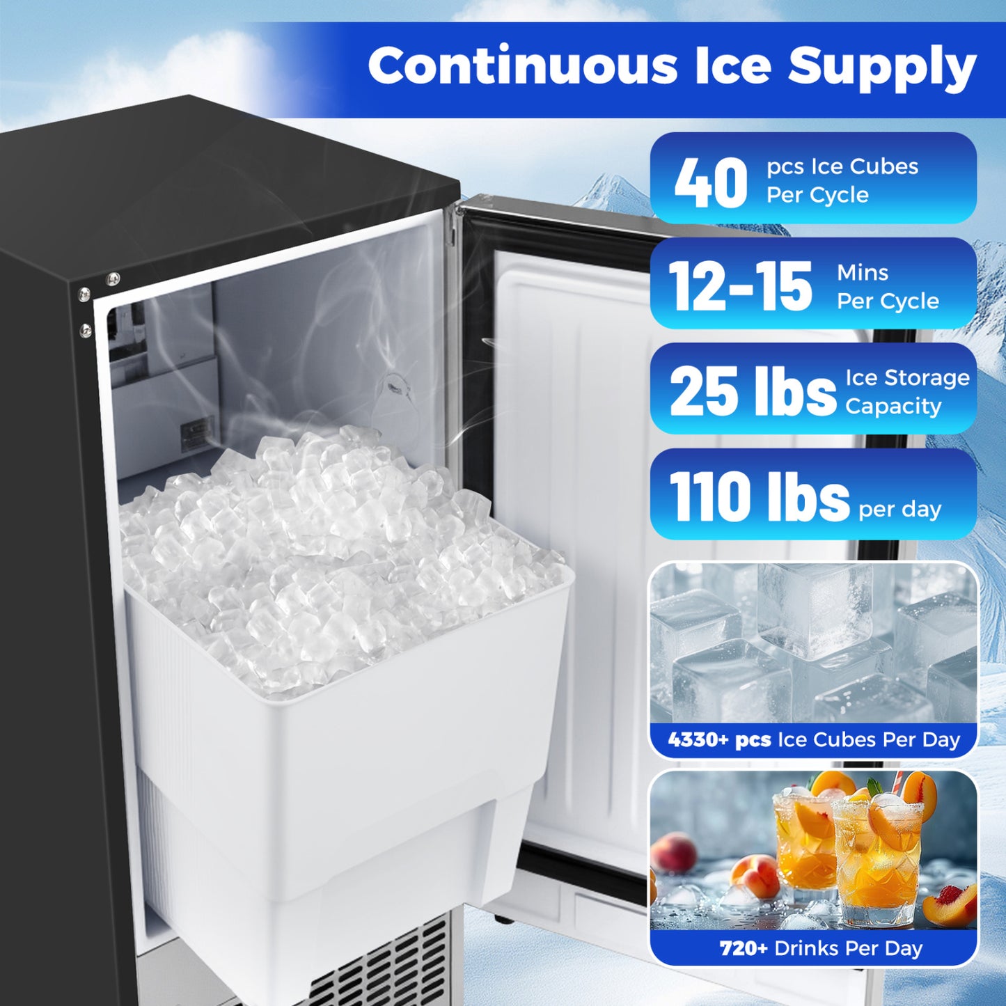 Commercial Ice Maker 110 lbs/24H Undercounter Ice Machine with 25 lbs Storage Capacity