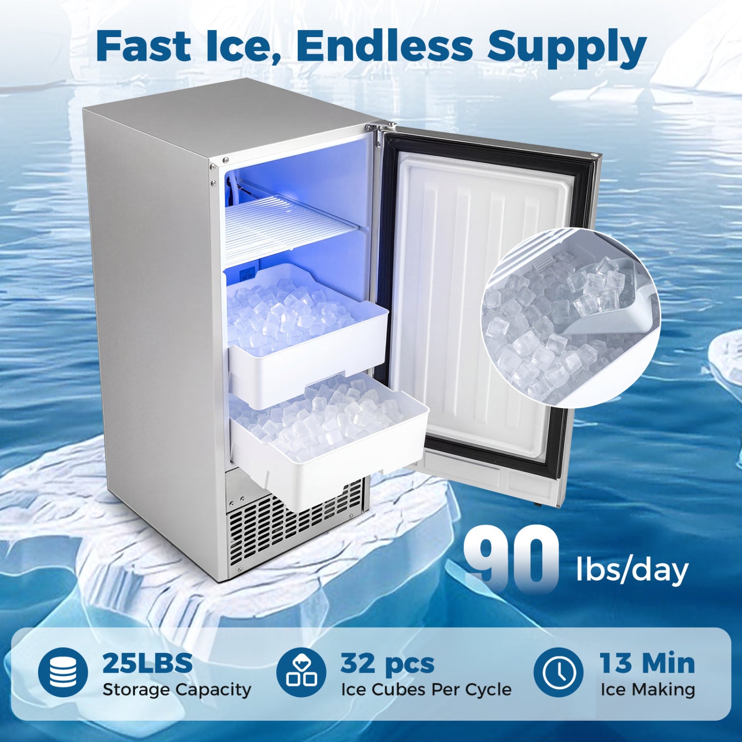 Commercial Under Counter Ice Maker 90 lbs/Day 15 Inch W Built-in