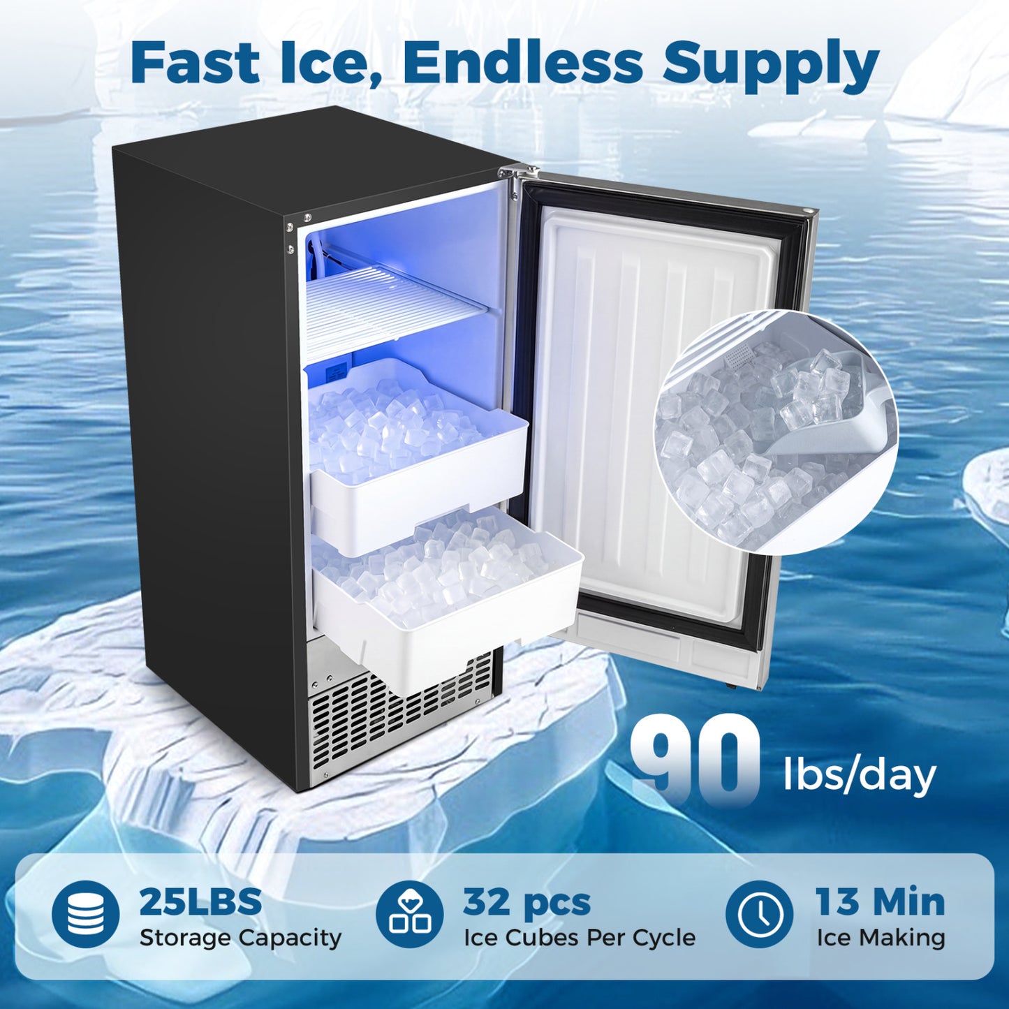Commercial Under Counter Ice Maker 90 lbs/Day Built-in Freestanding Ice Making Machine