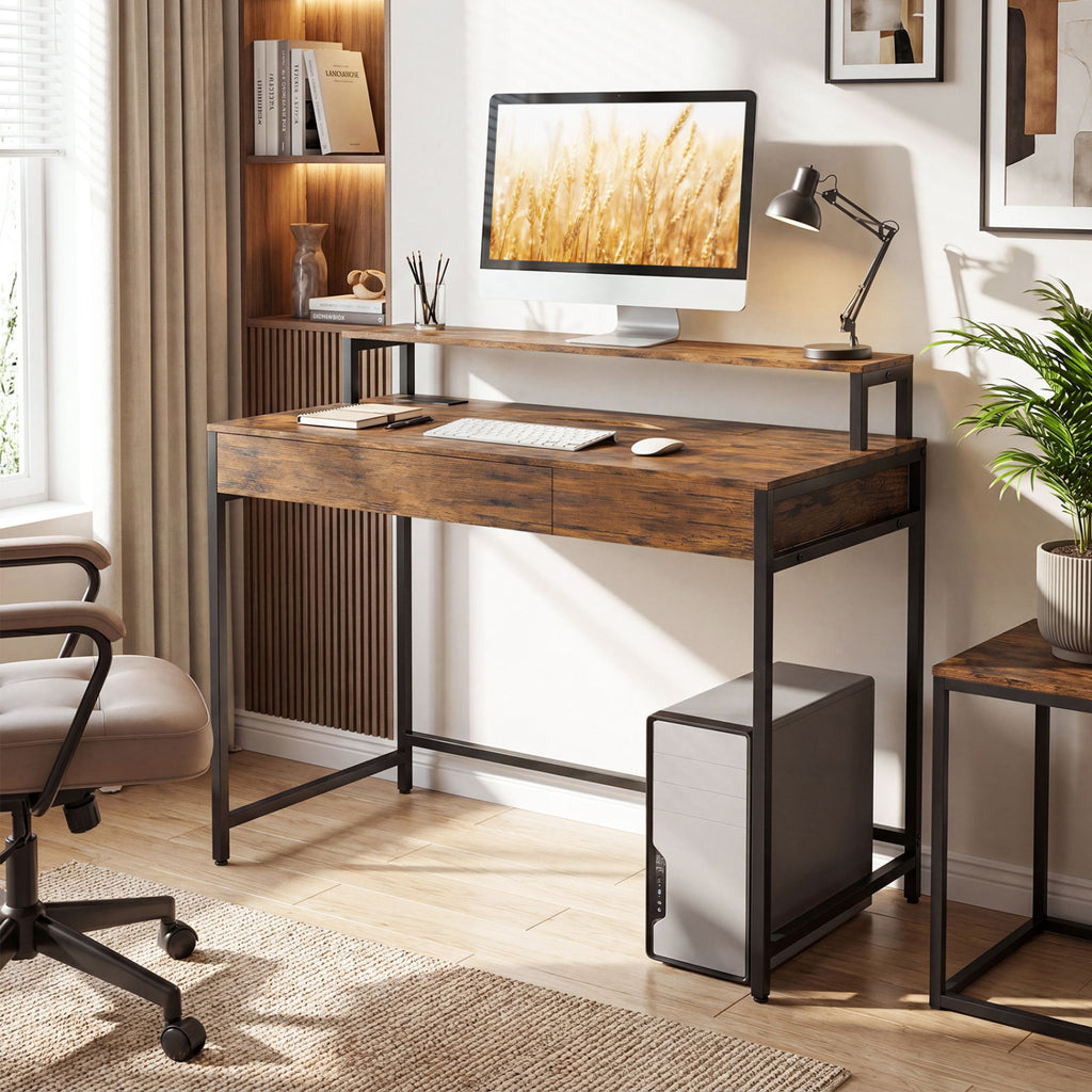 Compact Office Desk with Removable Monitor Shelf and Dual-use Drawer-Rustic Brown