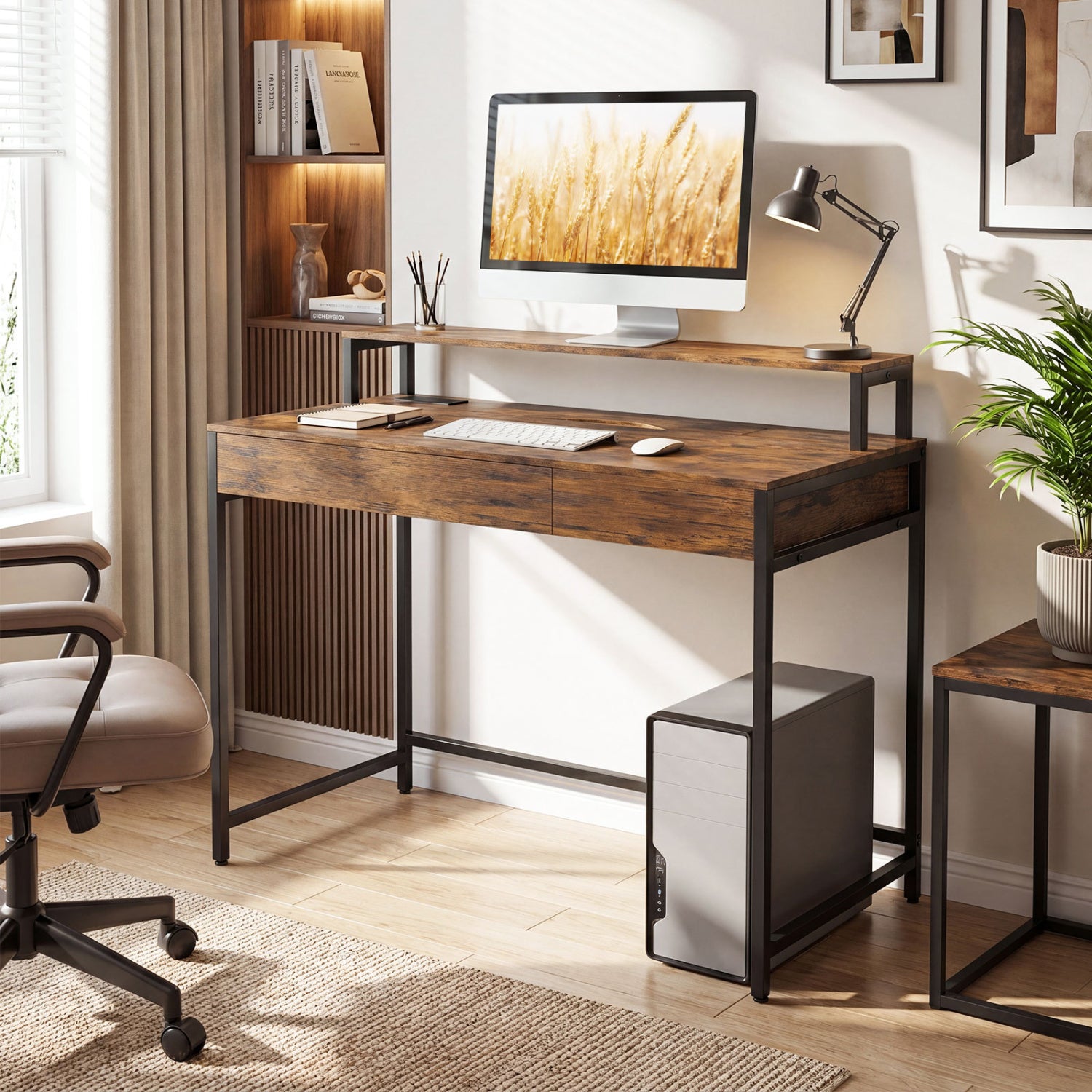 Compact Office Desk with Removable Monitor Shelf and Dual-use Drawer-Rustic Brown
