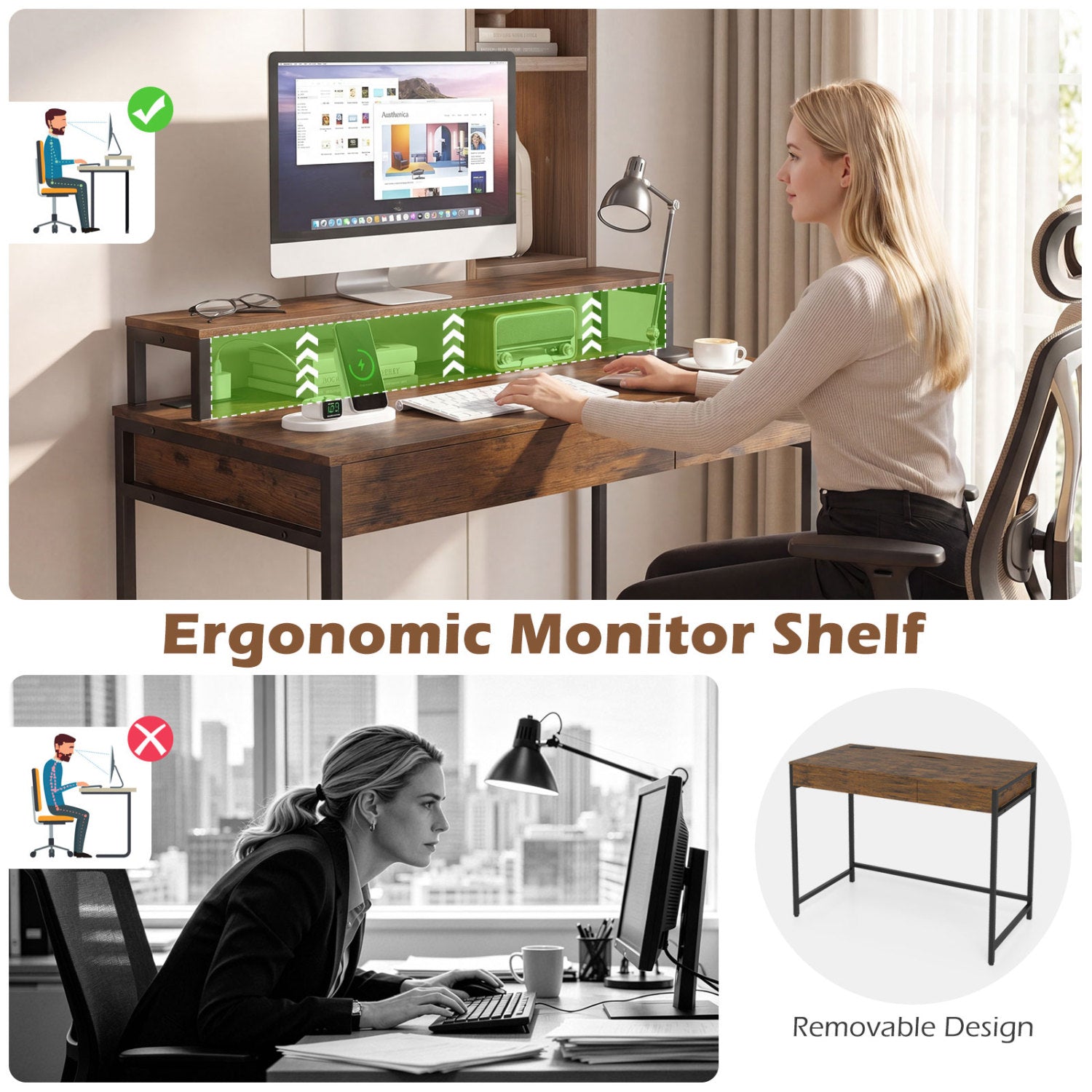 Compact Office Desk with Removable Monitor Shelf and Dual-use Drawer-Rustic Brown