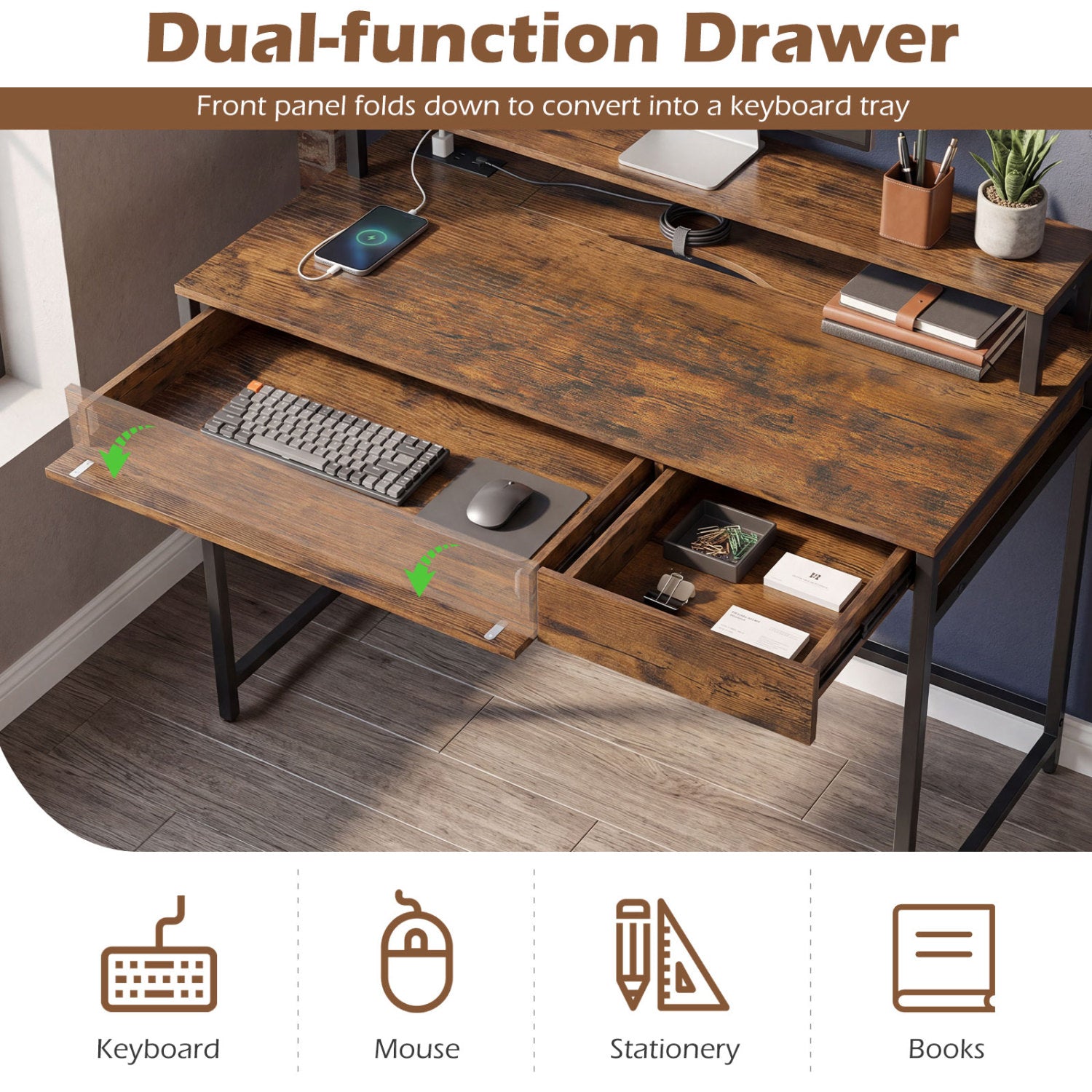 Compact Office Desk with Removable Monitor Shelf and Dual-use Drawer-Rustic Brown