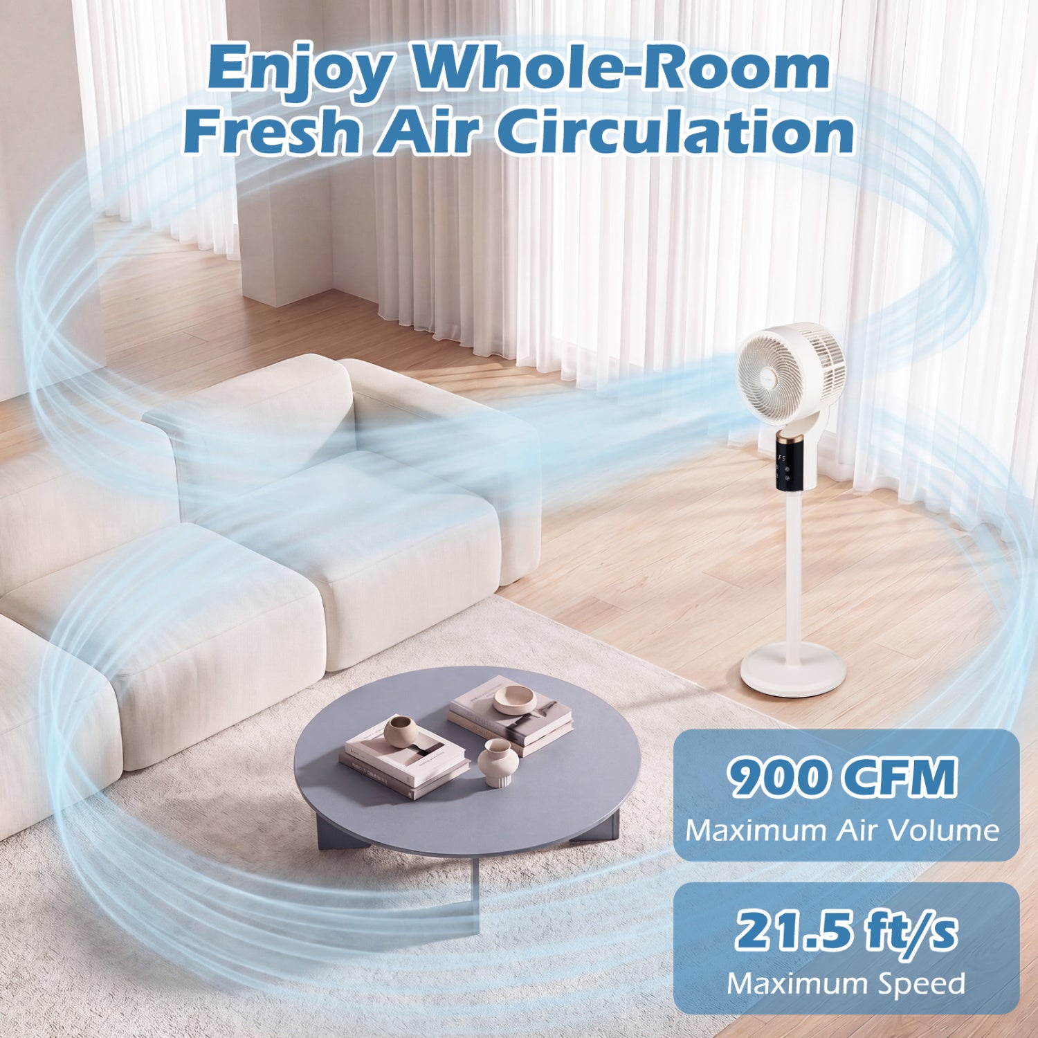 Compact Oscillating Standing Fan with 70° Oscillation and 90° Tilt for Home Office-White