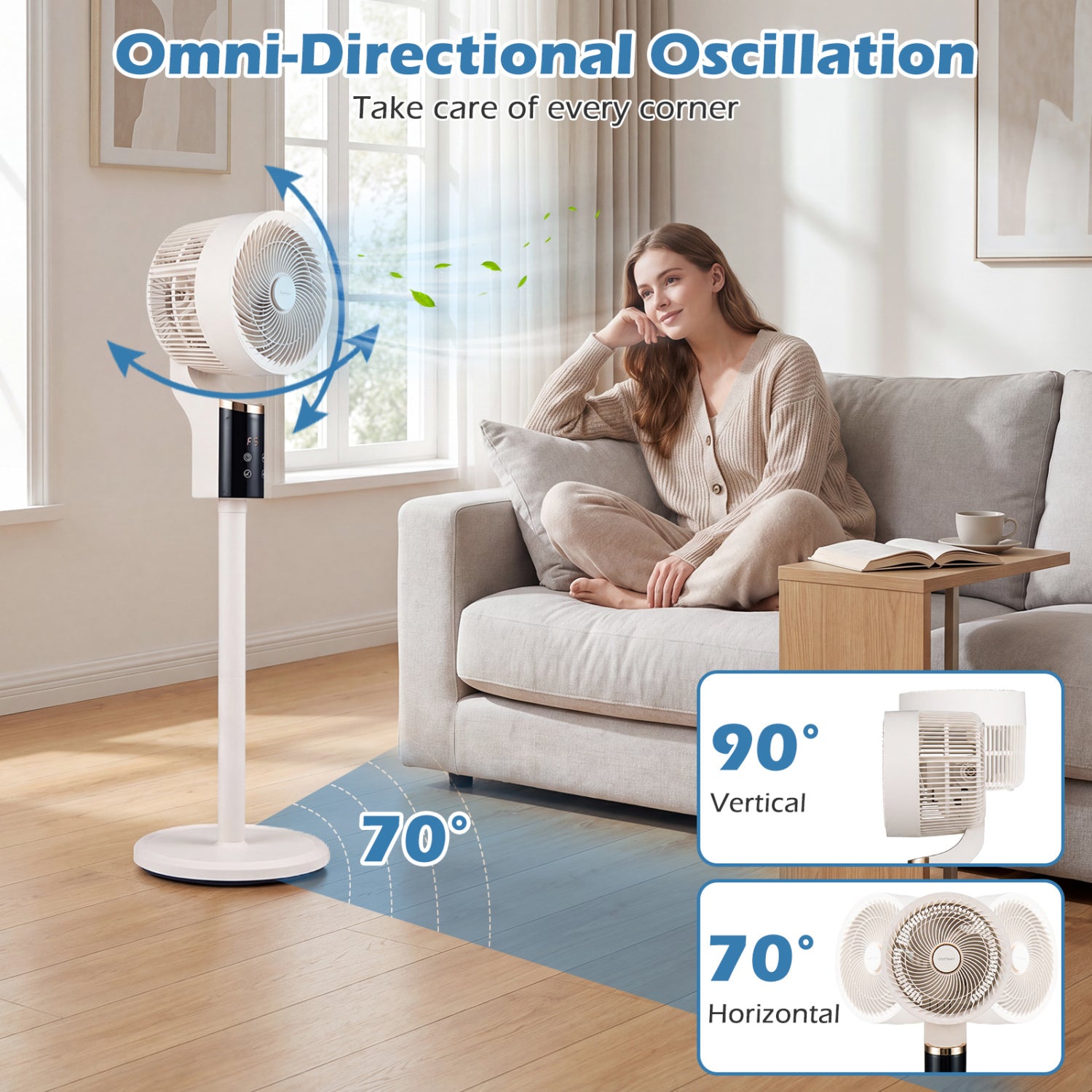 Compact Oscillating Standing Fan with 70° Oscillation and 90° Tilt for Home Office-White