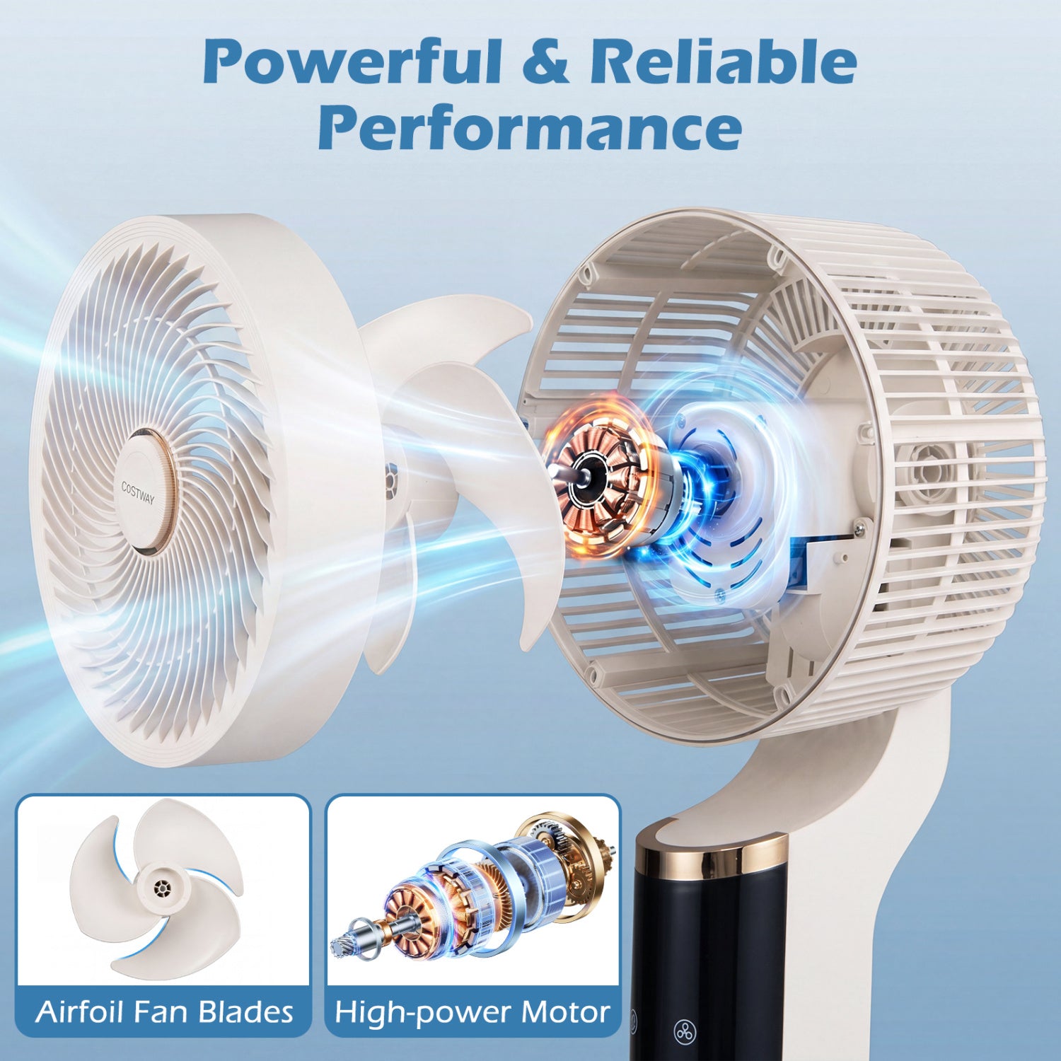 Compact Oscillating Standing Fan with 70° Oscillation and 90° Tilt for Home Office-White