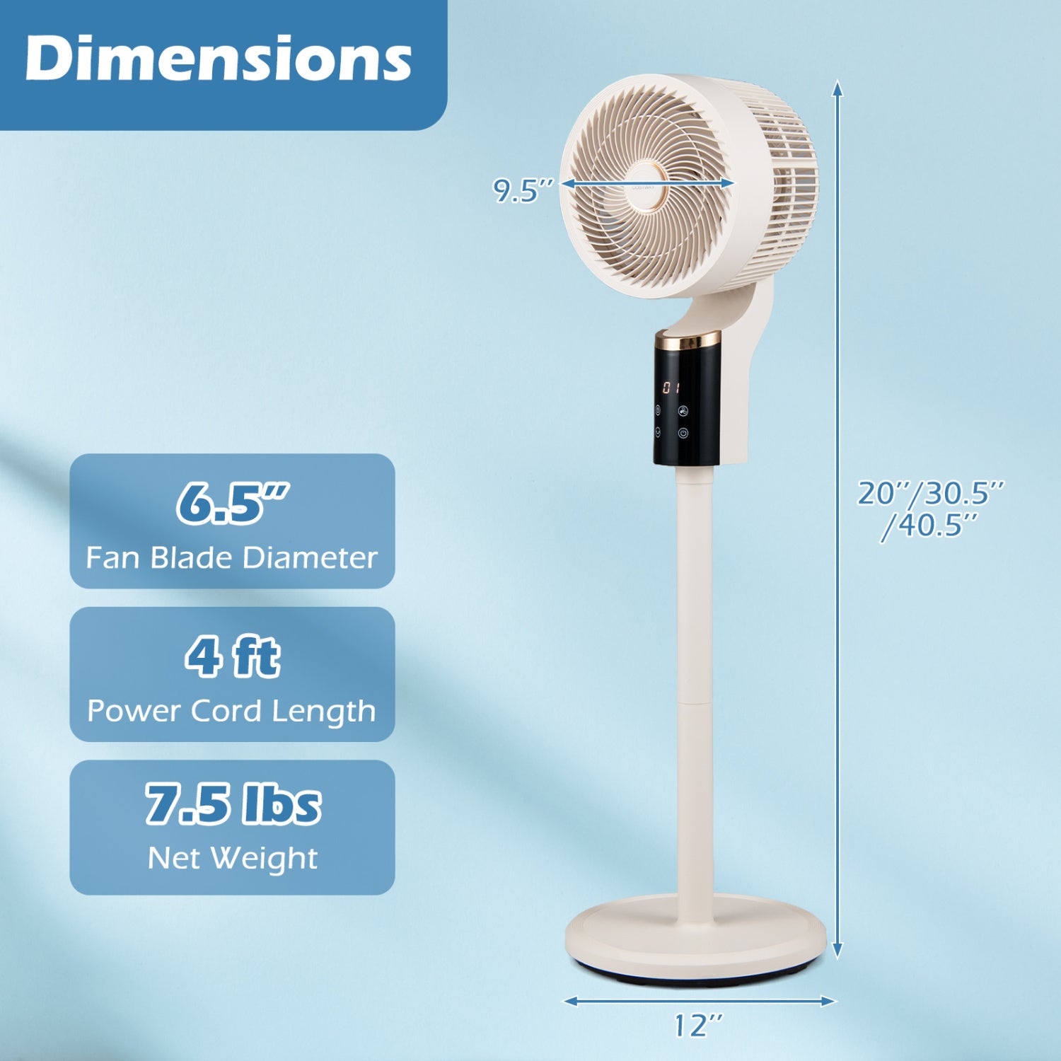 Compact Oscillating Standing Fan with 70° Oscillation and 90° Tilt for Home Office-White