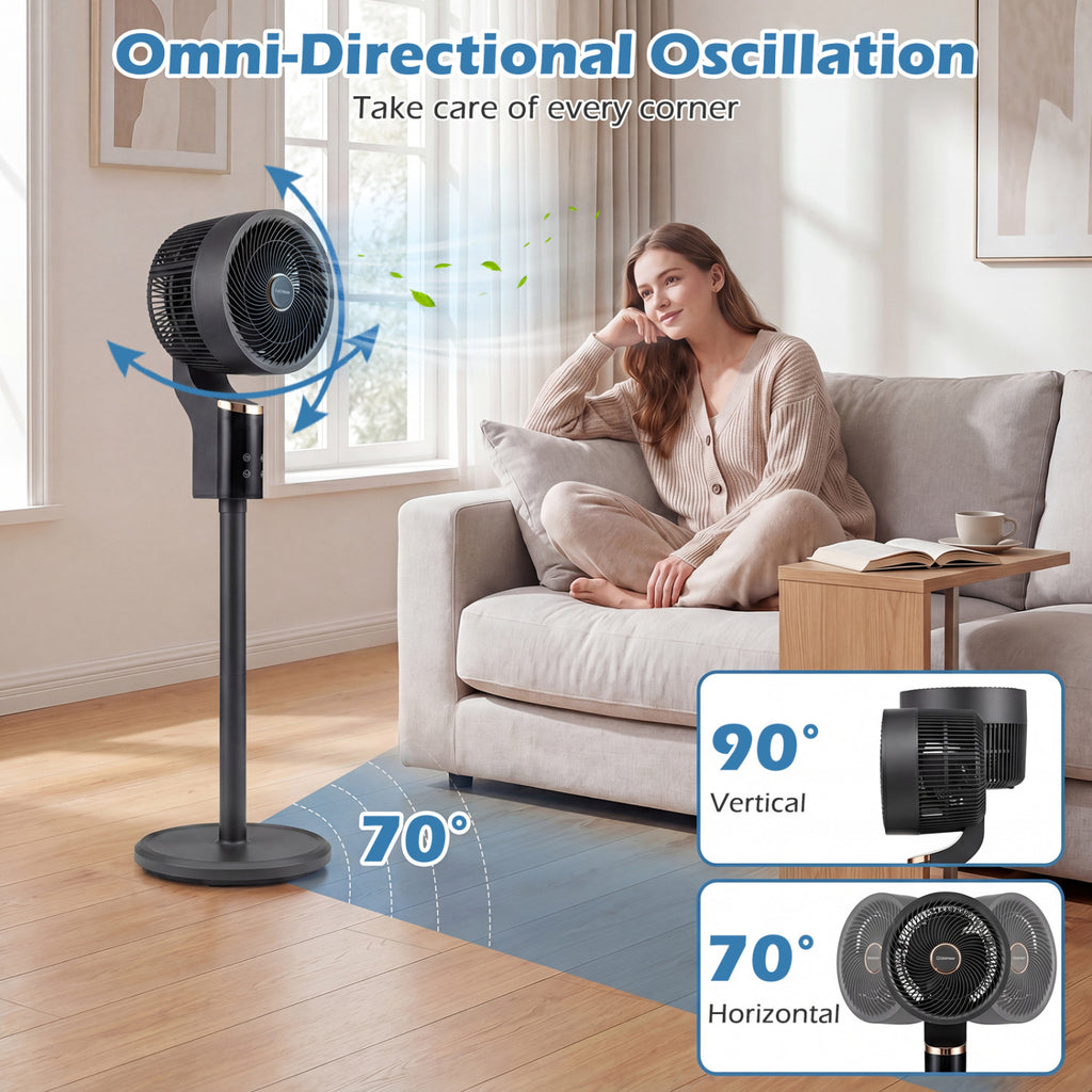 Compact Oscillating Standing Fan with 70° Oscillation and 90° Tilt for Home Office-Black