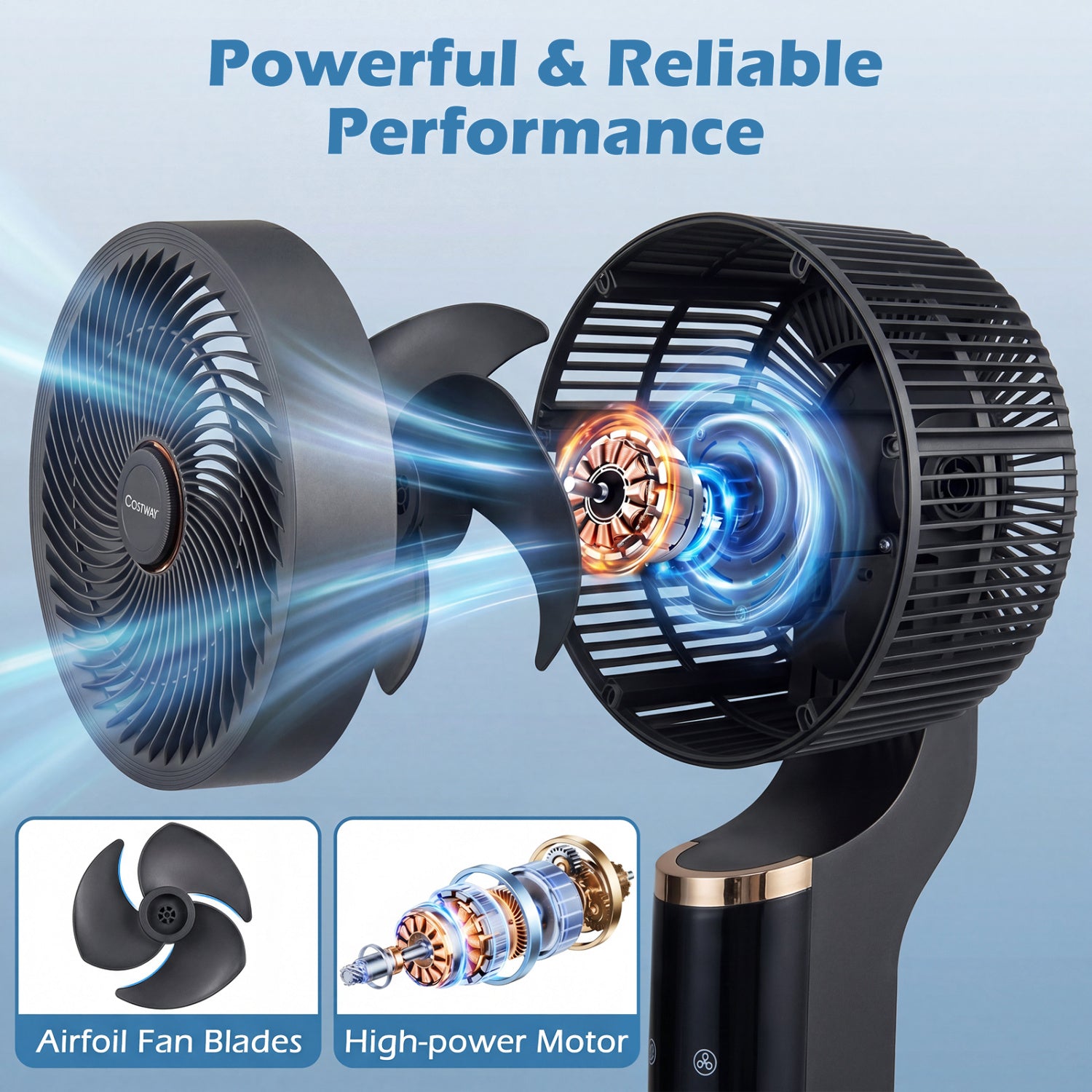 Compact Oscillating Standing Fan with 70° Oscillation and 90° Tilt for Home Office-Black
