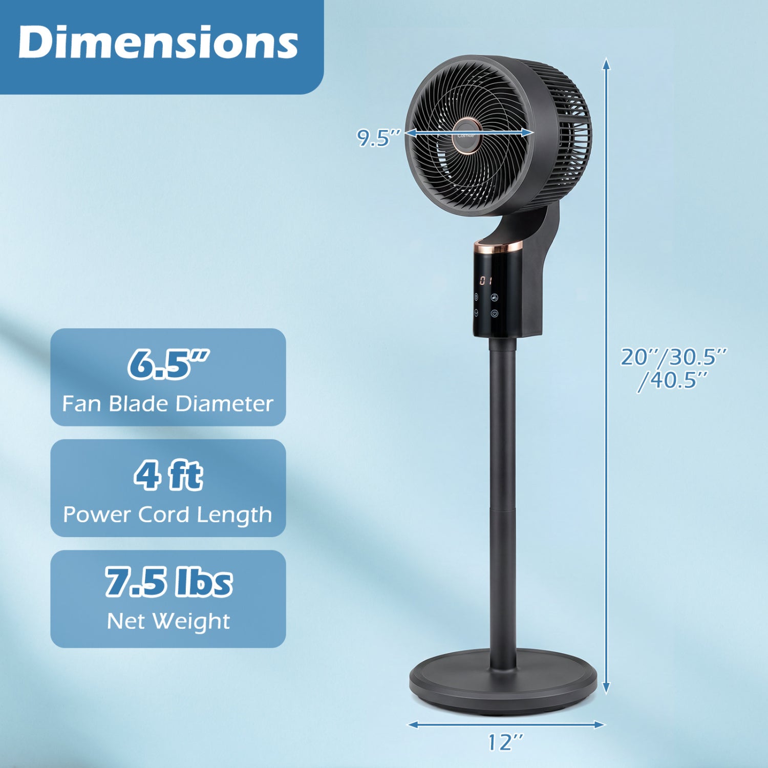 Compact Oscillating Standing Fan with 70° Oscillation and 90° Tilt for Home Office-Black