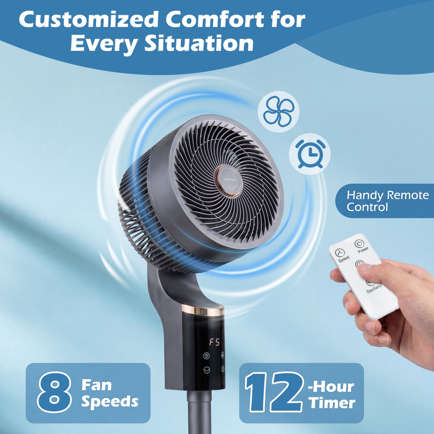 Compact Oscillating Standing Fan with 70° Oscillation and 90° Tilt for Home Office-Gray