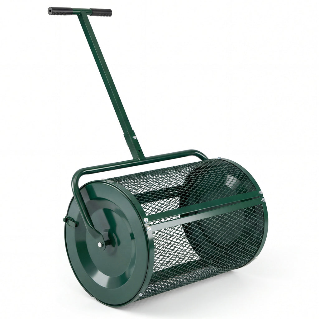 Compost Spreader 24 Inch Peat Moss Spreader Roller with Height-adjustable T-shape Handle-Green