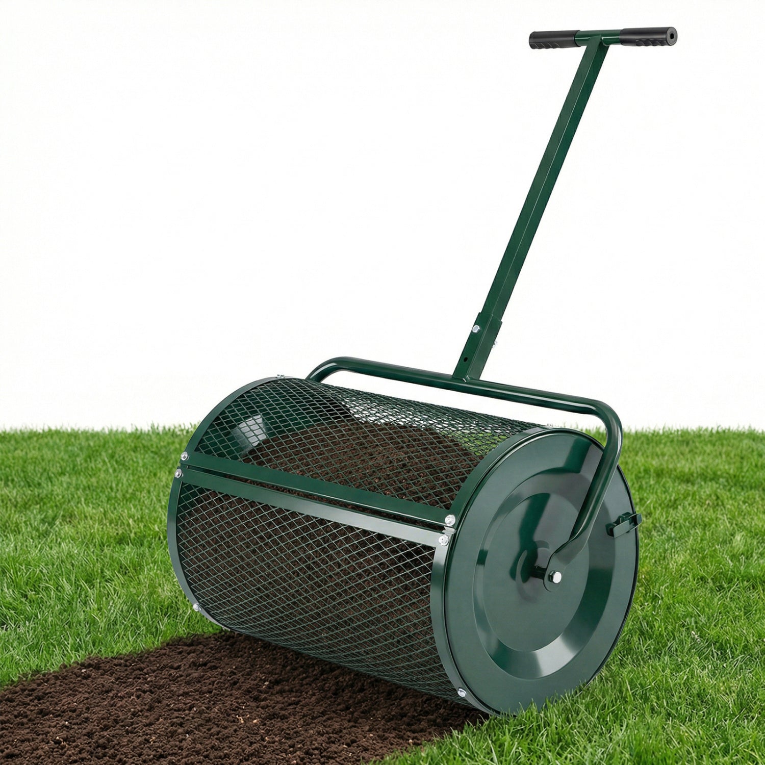 Compost Spreader 24 Inch Peat Moss Spreader Roller with Height-adjustable T-shape Handle-Green