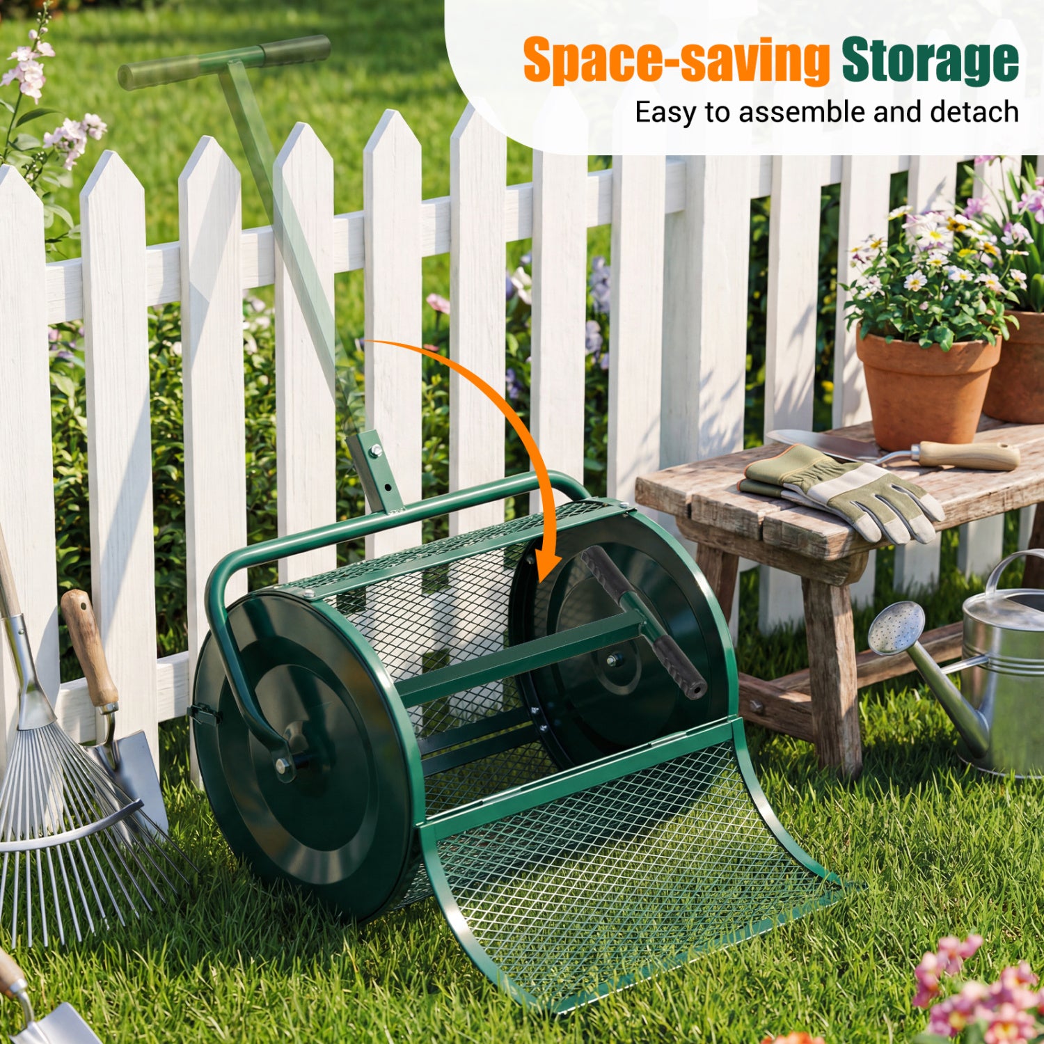 Compost Spreader 24 Inch Peat Moss Spreader Roller with Height-adjustable T-shape Handle-Green