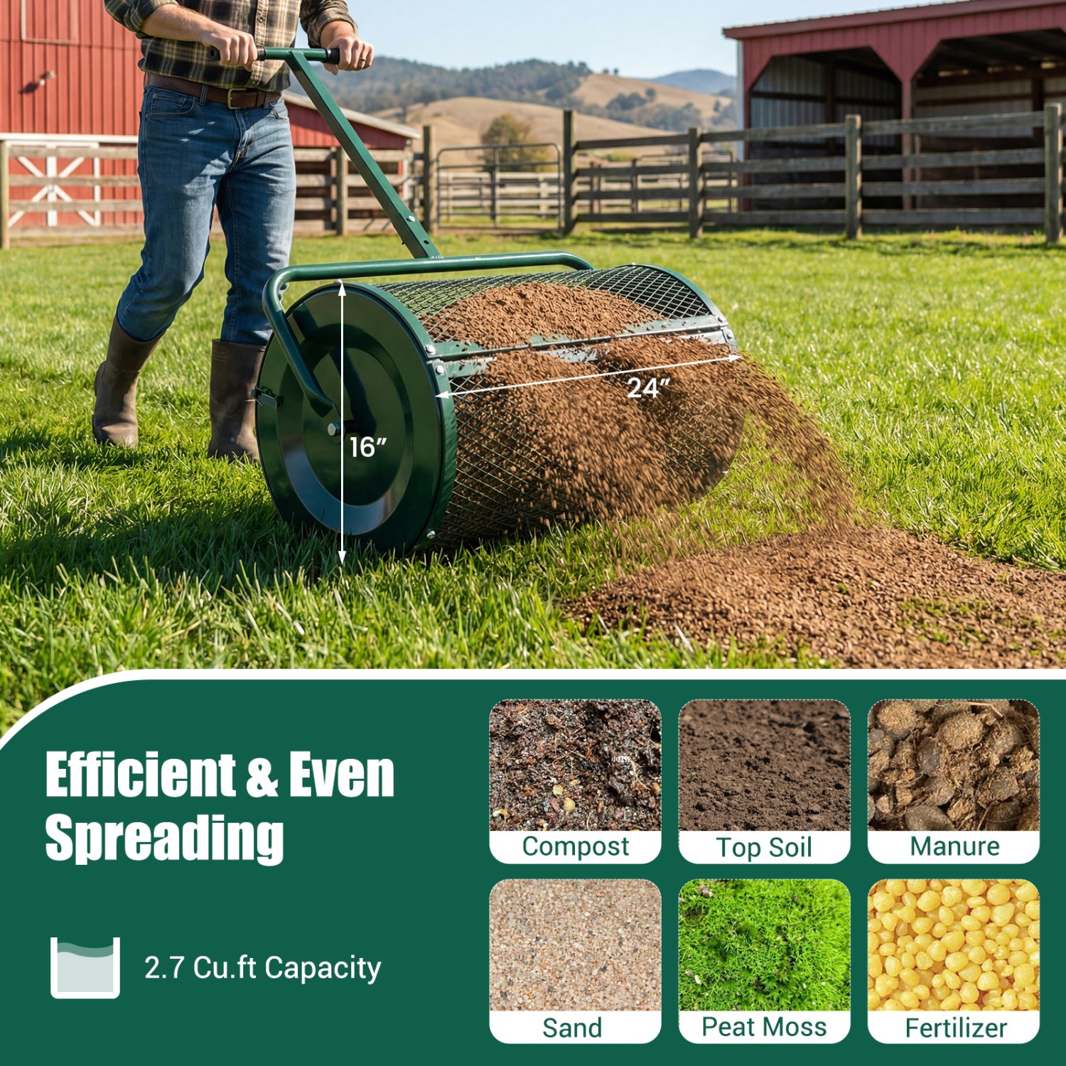 Compost Spreader 24 Inch Peat Moss Spreader Roller with Height-adjustable T-shape Handle-Green