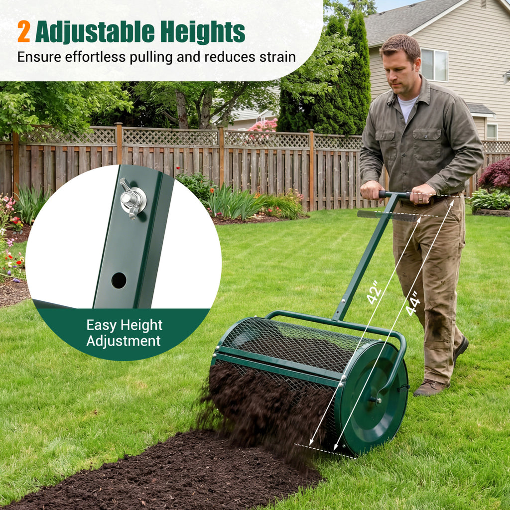 Compost Spreader 24 Inch Peat Moss Spreader Roller with Height-adjustable T-shape Handle-Green