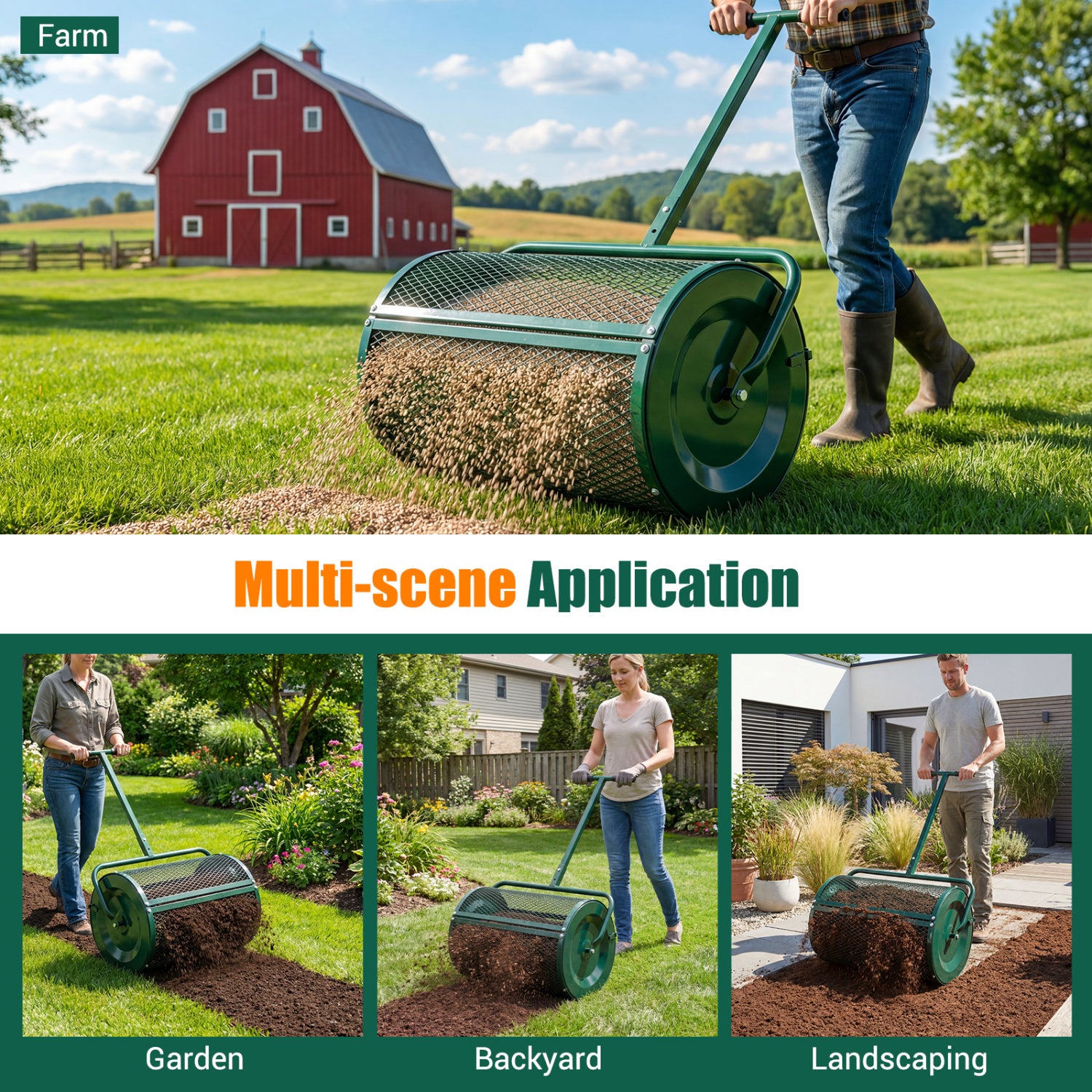 Compost Spreader 24 Inch Peat Moss Spreader Roller with Height-adjustable T-shape Handle-Green