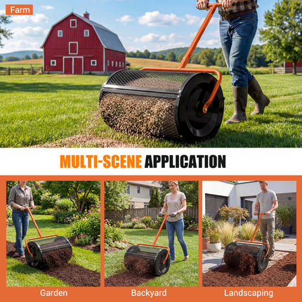 Compost Spreader 24 Inch Peat Moss Spreader Roller with Height-adjustable T-shape Handle-Orange