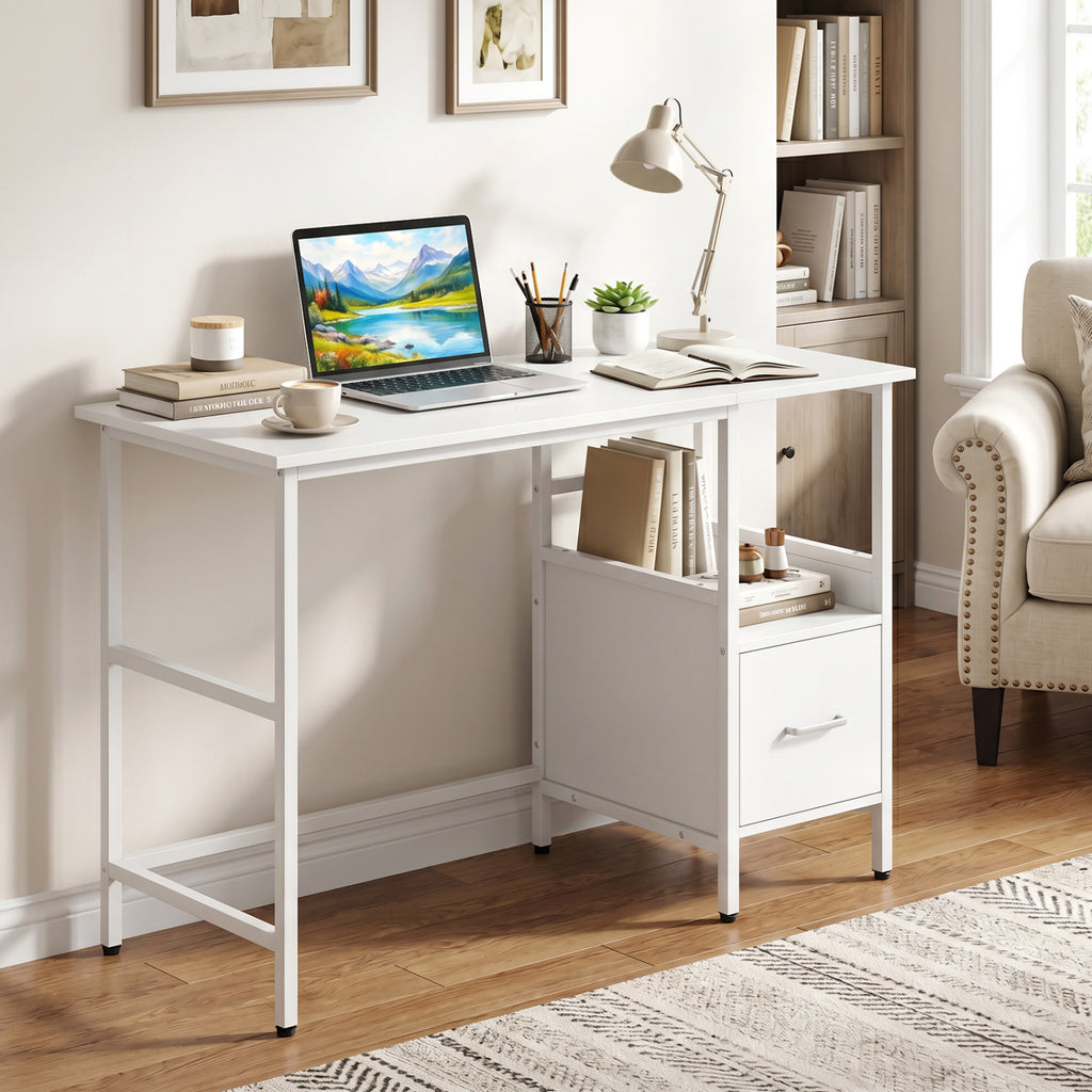 Computer Desk Modern Office Desk with Open Shelf and Storage Drawer-White