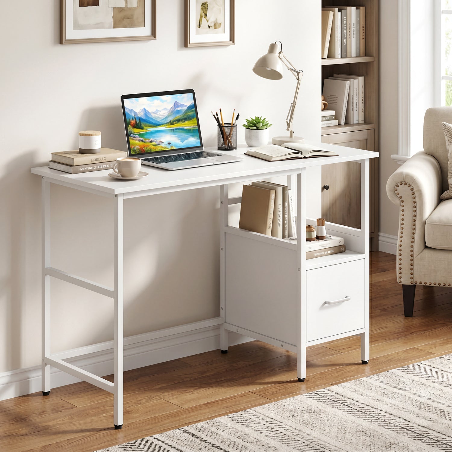 Computer Desk Modern Office Desk with Open Shelf and Storage Drawer-White