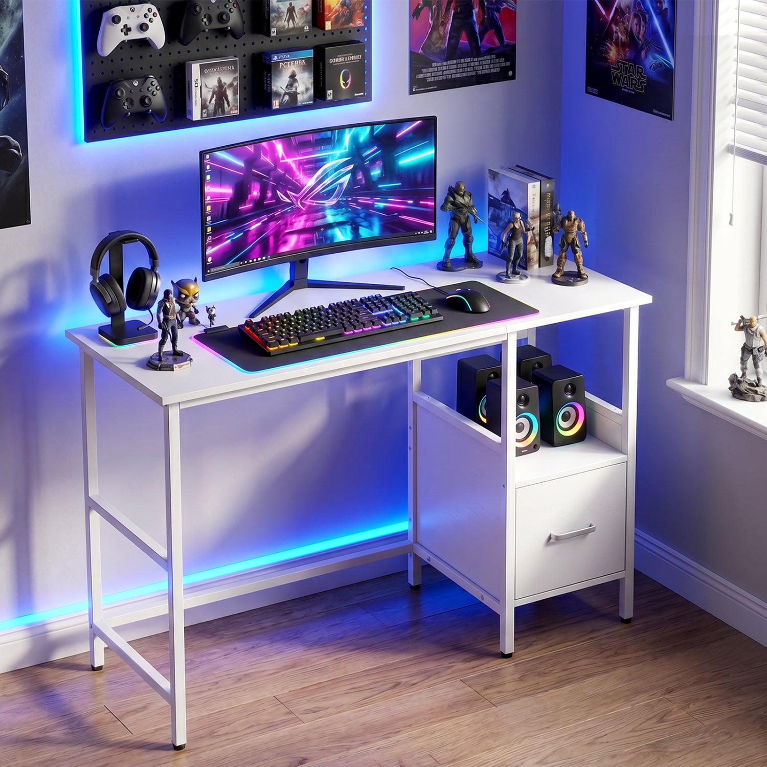 Computer Desk Modern Office Desk with Open Shelf and Storage Drawer-White