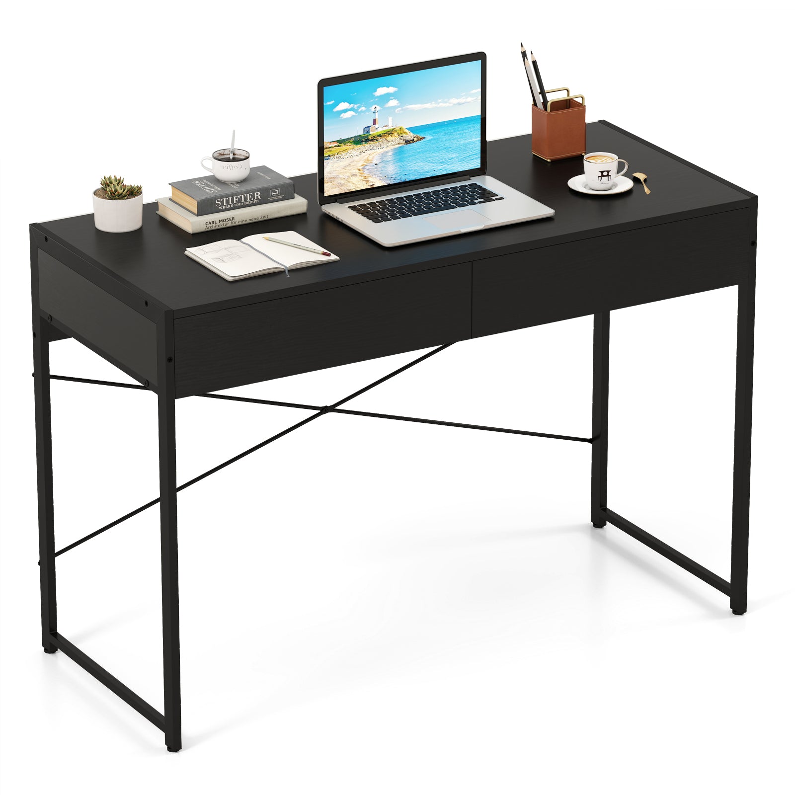 Computer Desk with 2 Drawers 44 Inch Home Office Desk with Metal Frame-Black