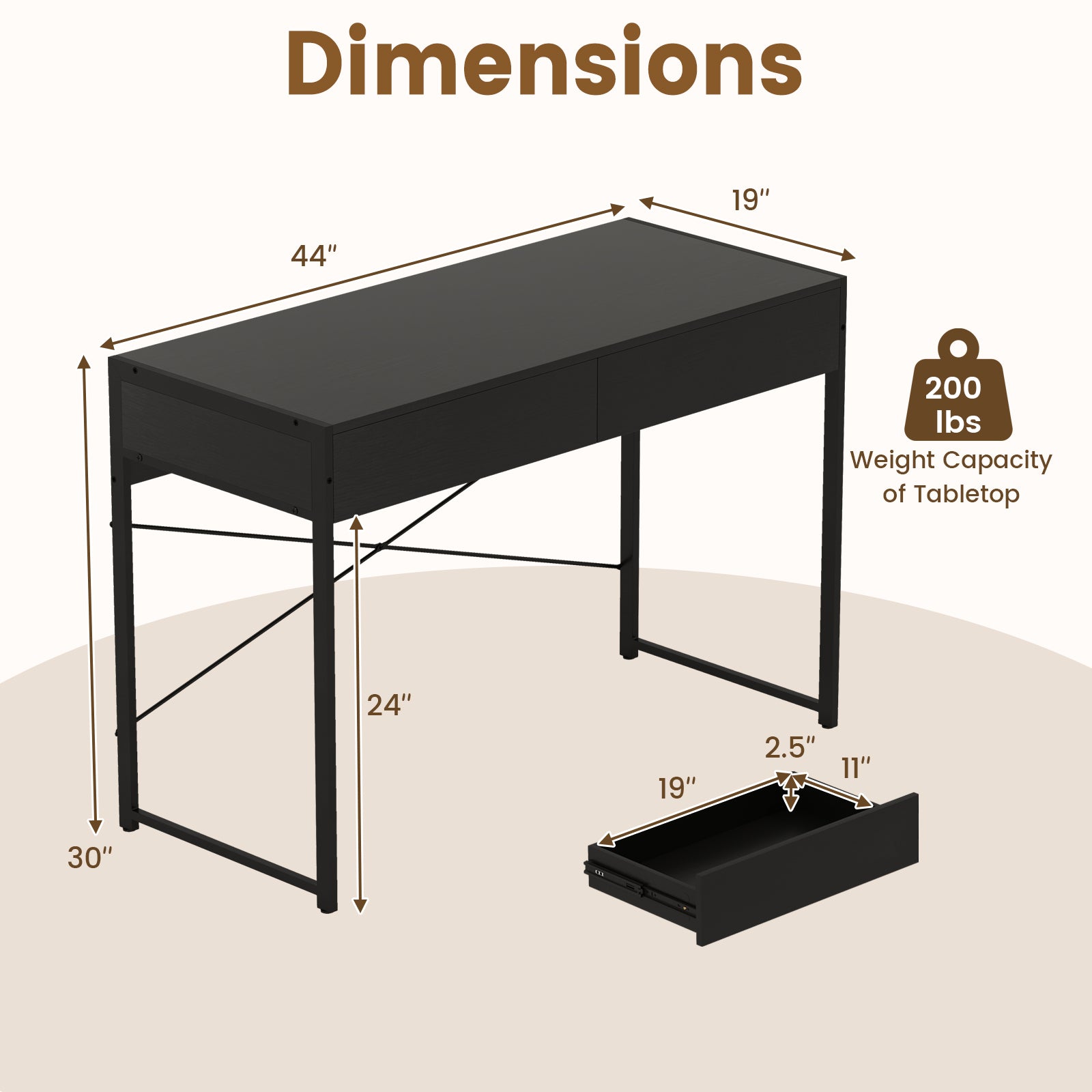 Computer Desk with 2 Drawers 44 Inch Home Office Desk with Metal Frame-Black