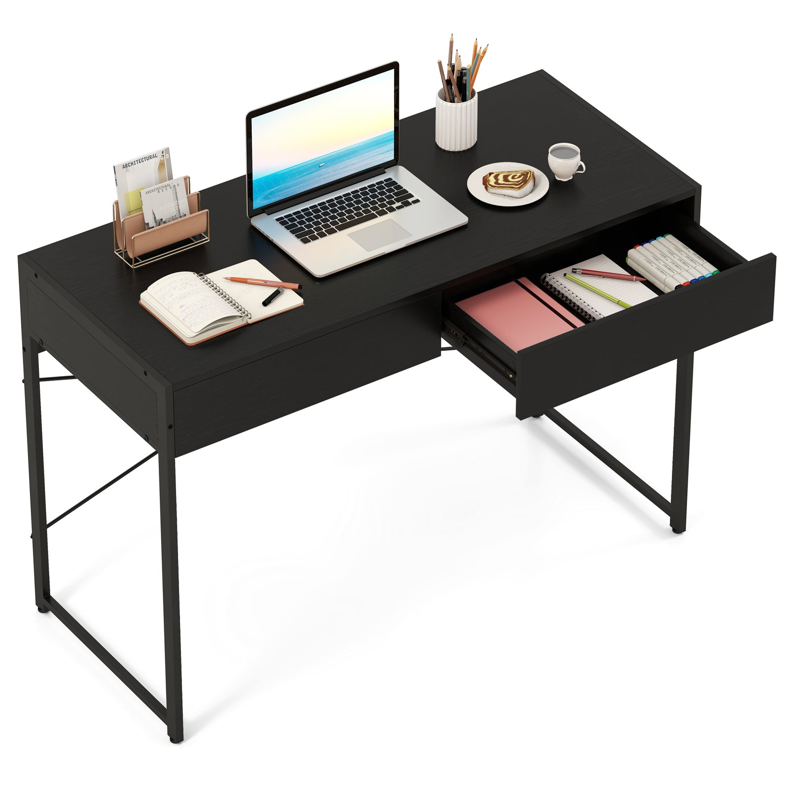 Computer Desk with 2 Drawers 44 Inch Home Office Desk with Metal Frame-Black