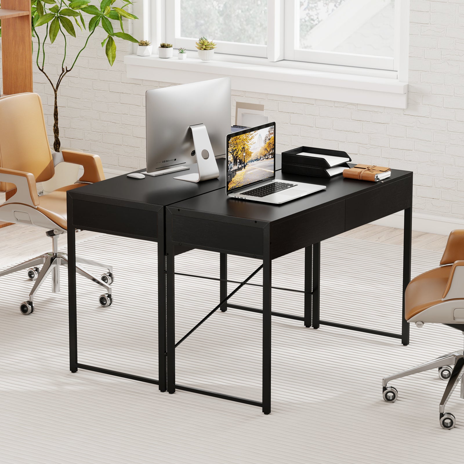 Computer Desk with 2 Drawers 44 Inch Home Office Desk with Metal Frame-Black