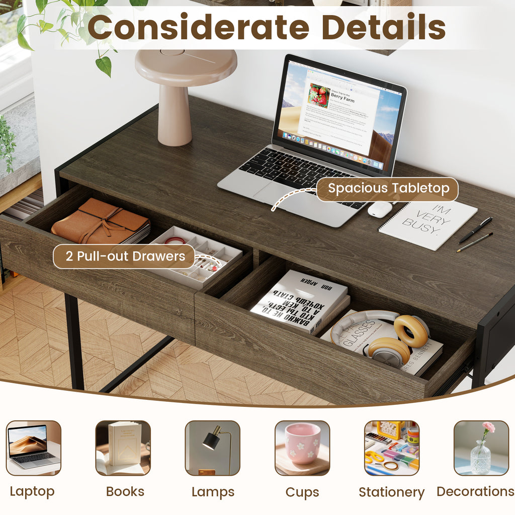 Computer Desk with 2 Drawers 44 Inch Home Office Desk with Metal Frame-Oak