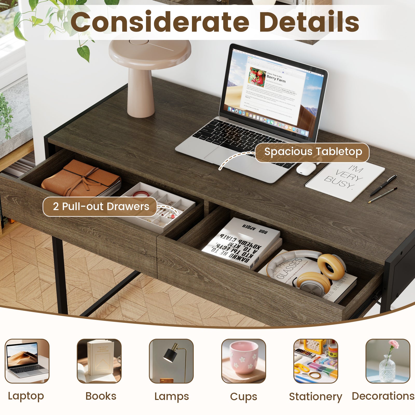 Computer Desk with 2 Drawers 44 Inch Home Office Desk with Metal Frame-Oak