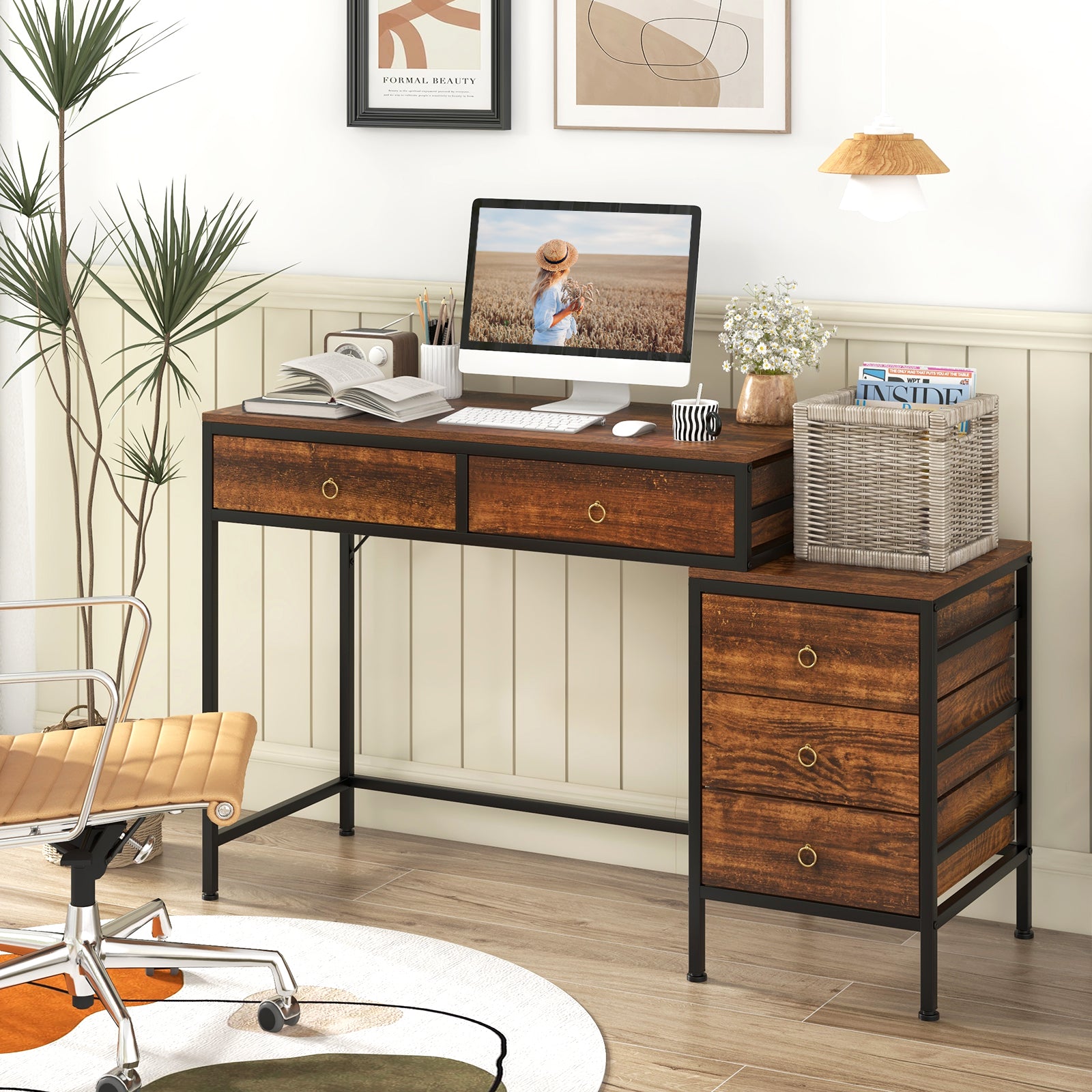 Computer Desk with 5 Drawers Home Office Desk with Side File Cabinet-Rustic Brown