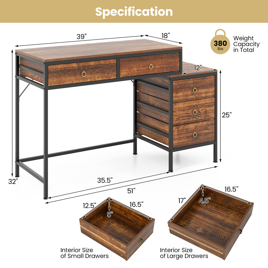 Computer Desk with 5 Drawers Home Office Desk with Side File Cabinet-Rustic Brown
