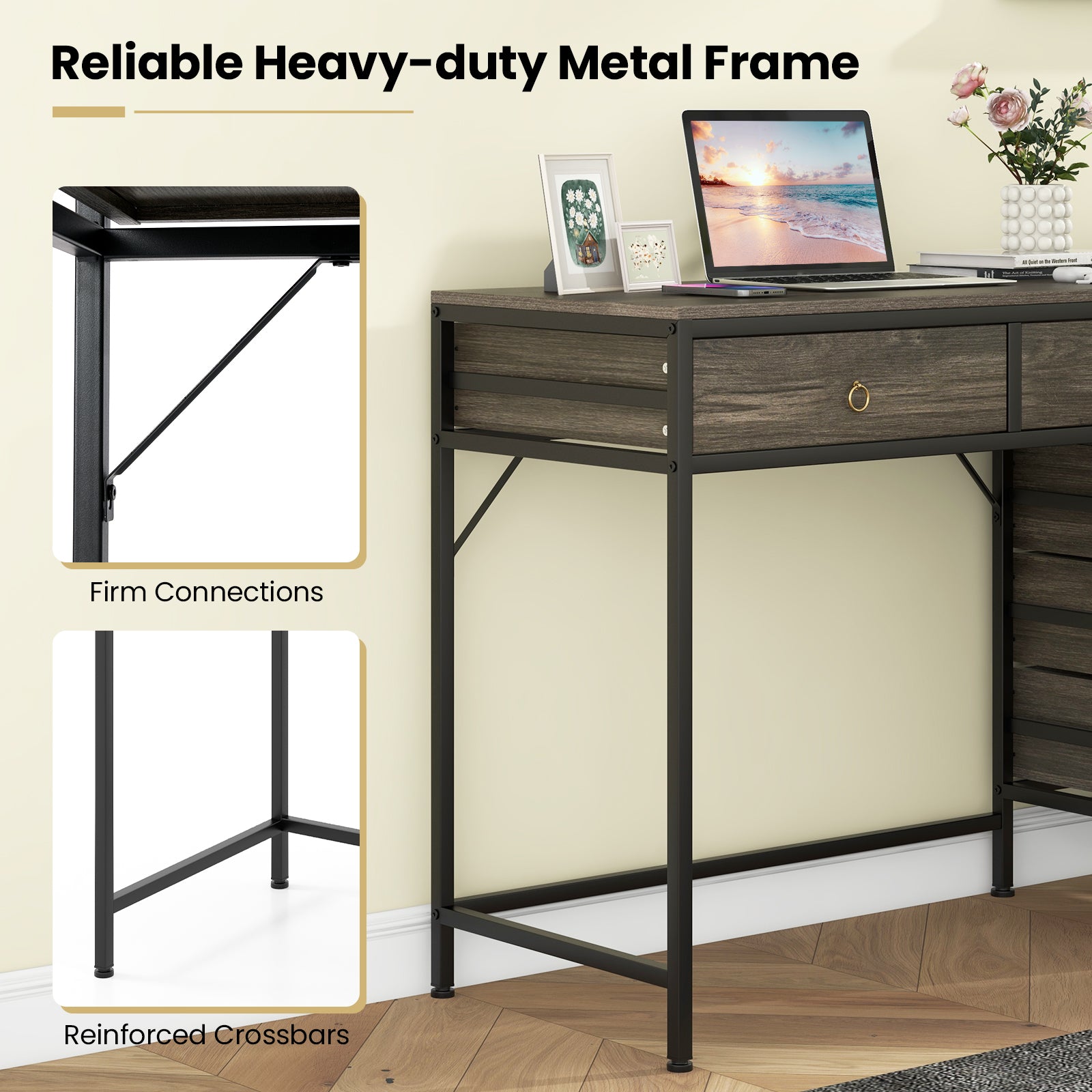 Computer Desk with 5 Drawers Home Office Desk with Side File Cabinet-Grey
