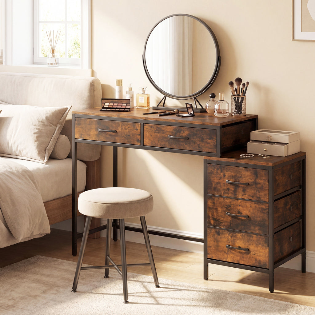 Computer Desk with 5 Drawers and Printer Stand for Bedroom and Small Spaces-Rustic Brown