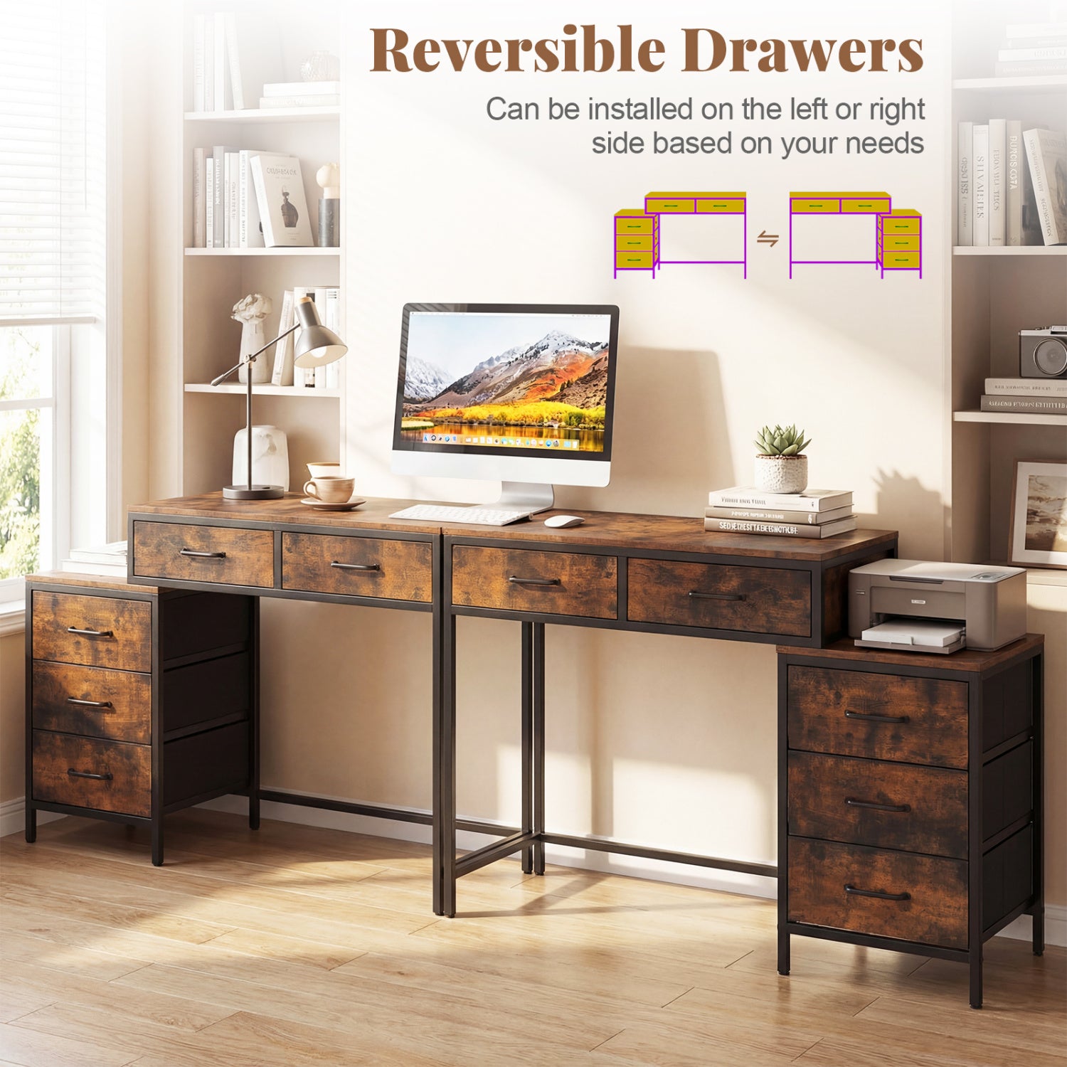 Computer Desk with 5 Drawers and Printer Stand for Bedroom and Small Spaces-Rustic Brown