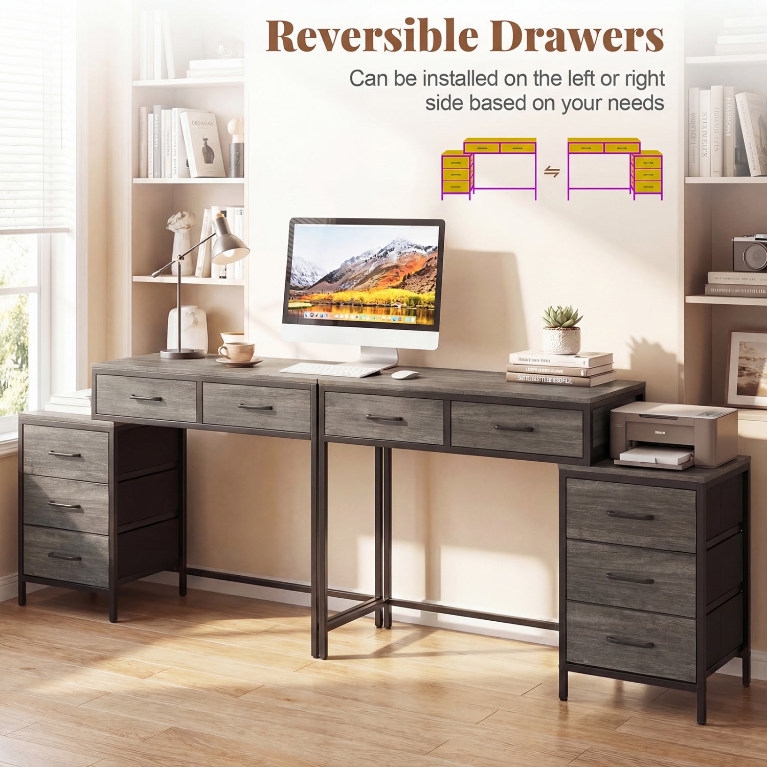 Computer Desk with 5 Drawers and Printer Stand for Bedroom and Small Spaces-Oak
