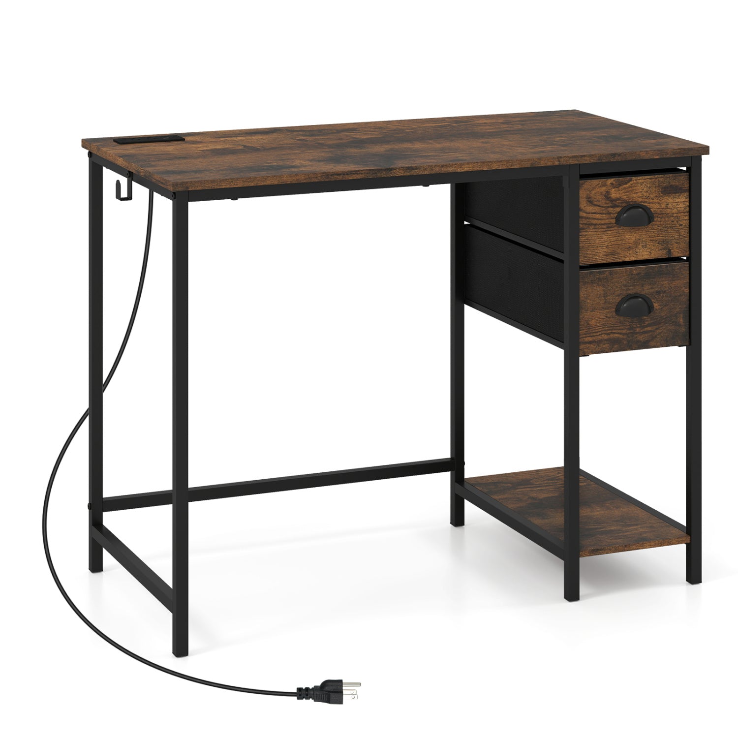 Computer Desk with Charging Station and 2 Fabric Drawers for Small Spaces-Rustic Brown