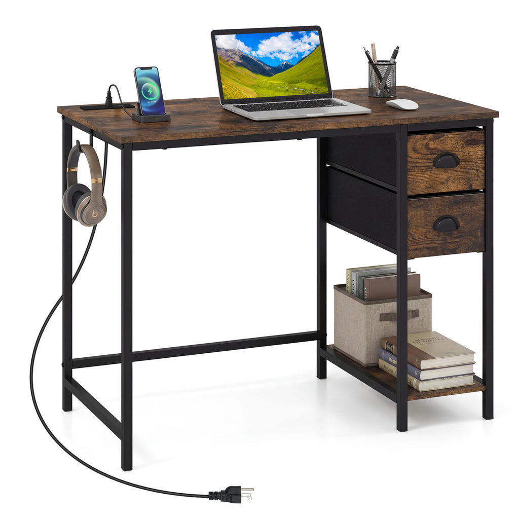 Computer Desk with Charging Station and 2 Fabric Drawers for Small Spaces-Rustic Brown