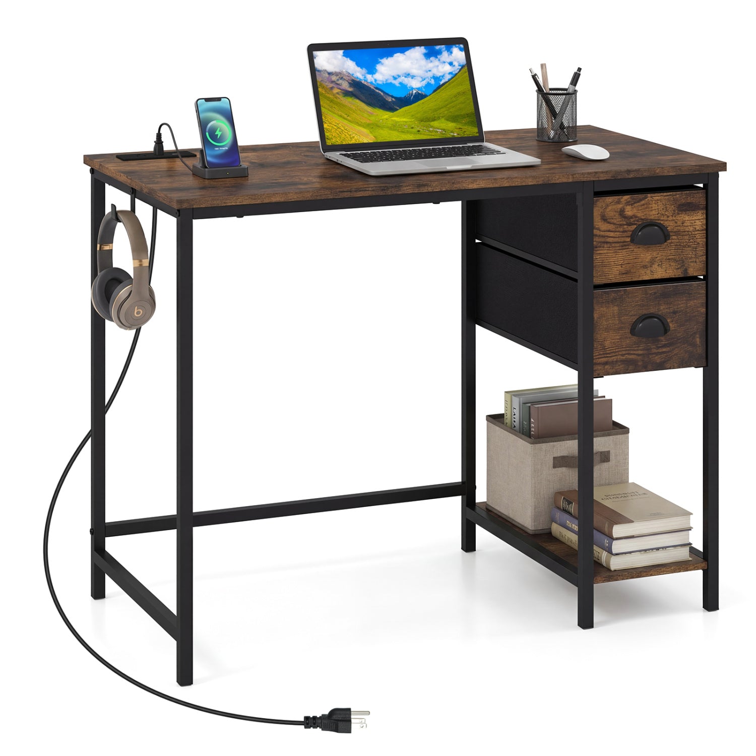 Computer Desk with Charging Station and 2 Fabric Drawers for Small Spaces-Rustic Brown